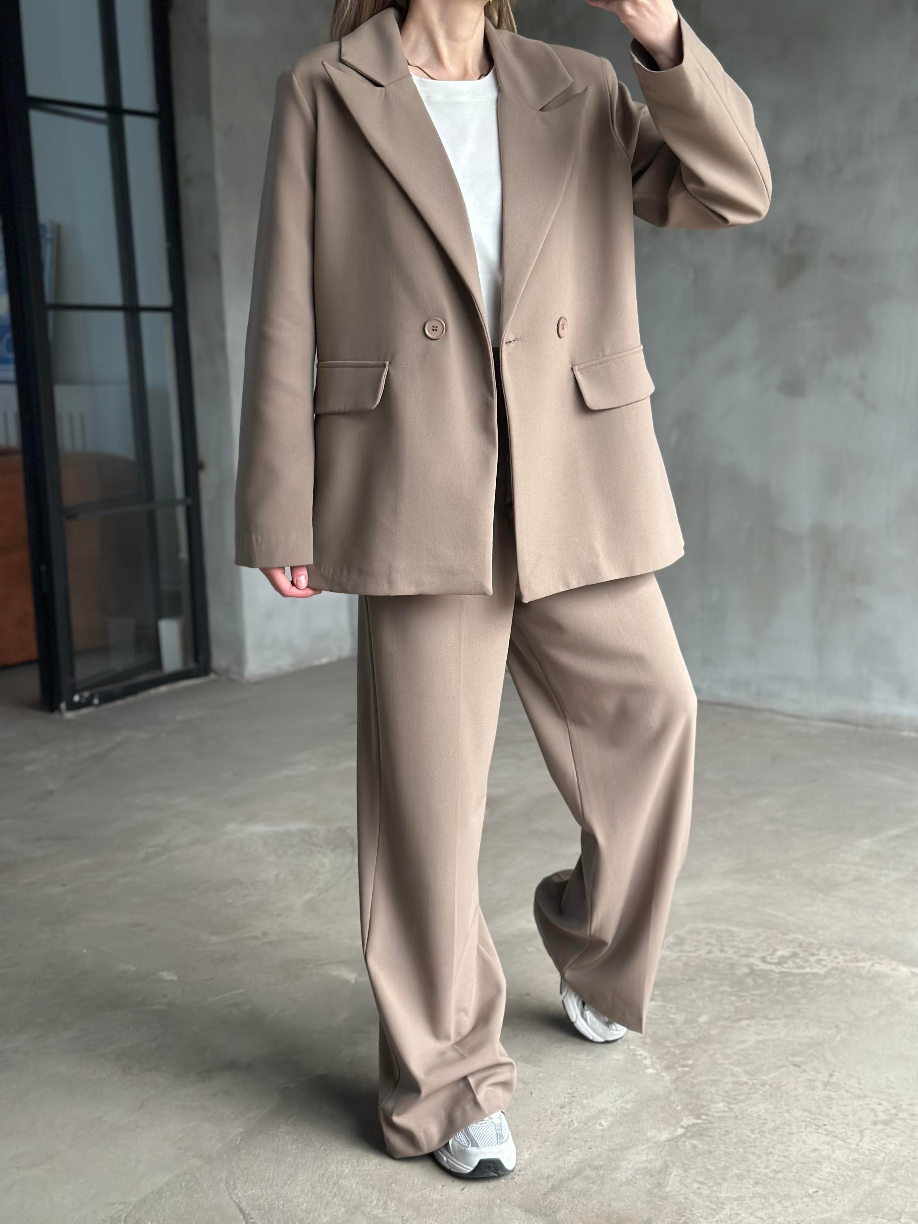 Premium Oversize Blazer Ceket Palazzo Pantolon Takım - Camel - Dominatrend