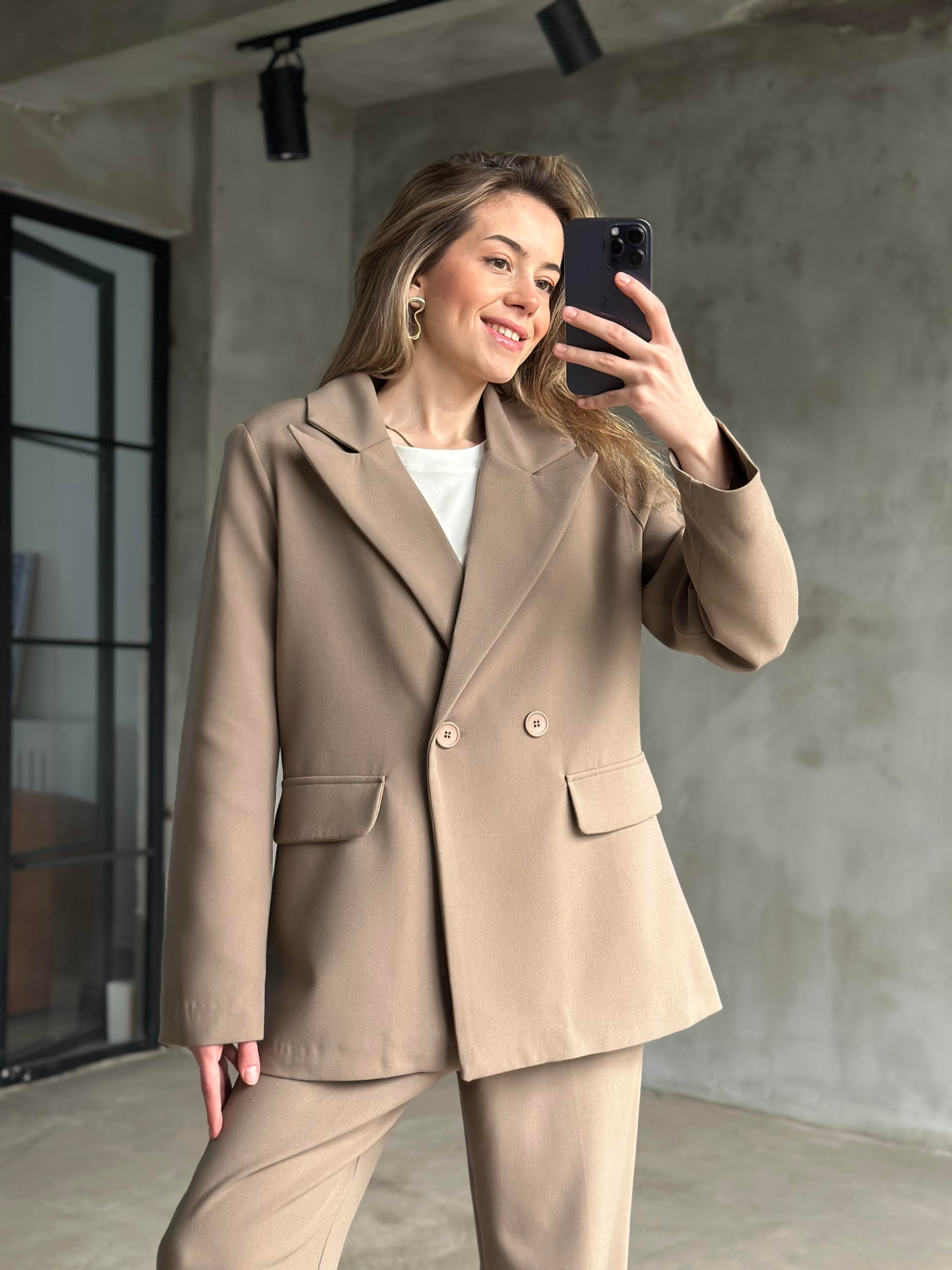 Premium Oversize Blazer Ceket Palazzo Pantolon Takım - Camel - Dominatrend