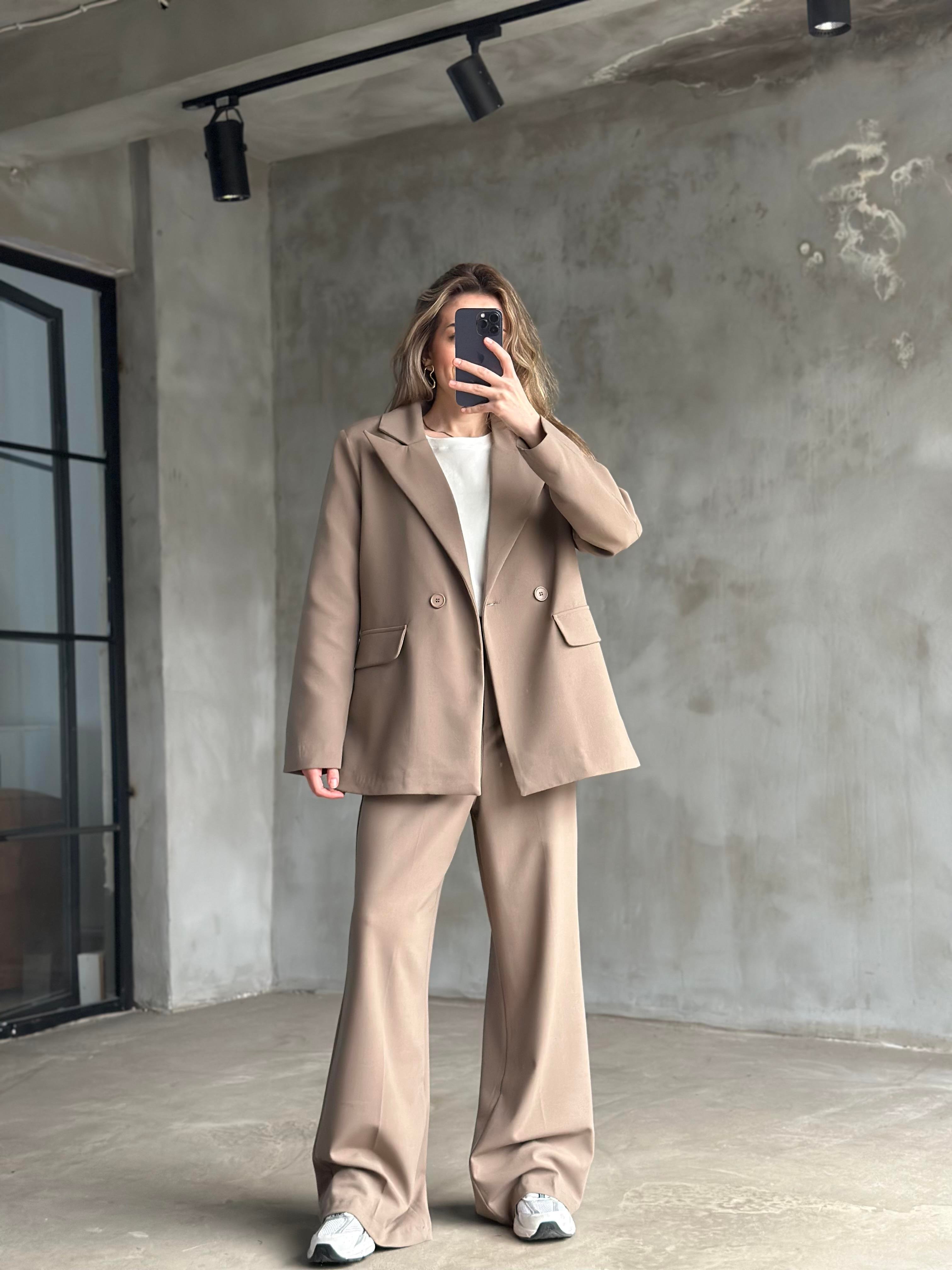 Premium Oversize Blazer Ceket Palazzo Pantolon Takım - Camel - Dominatrend