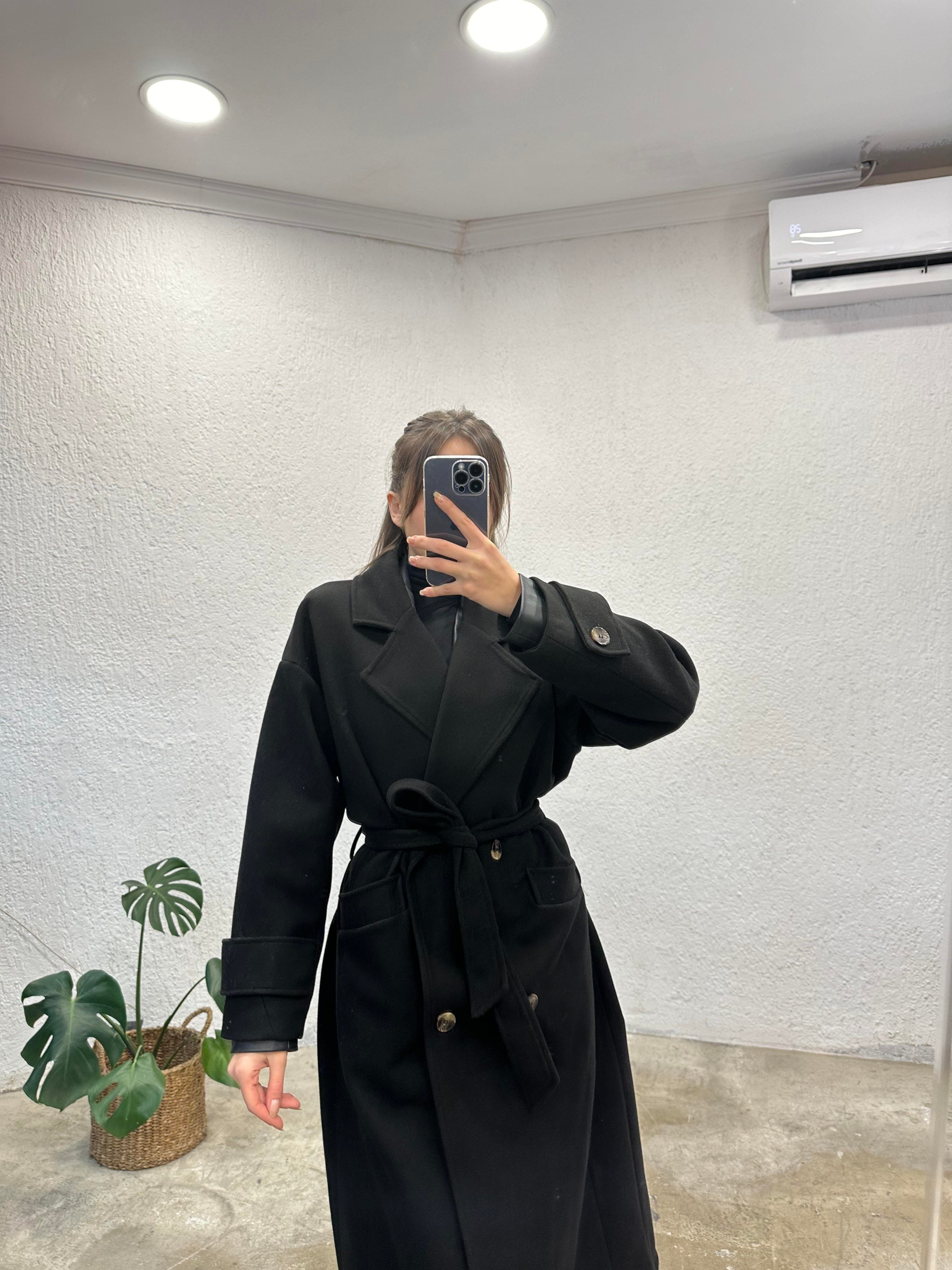 Premium Oversize Düğme ve Kuşaklı , Kaşe Kaban - Dominatrend