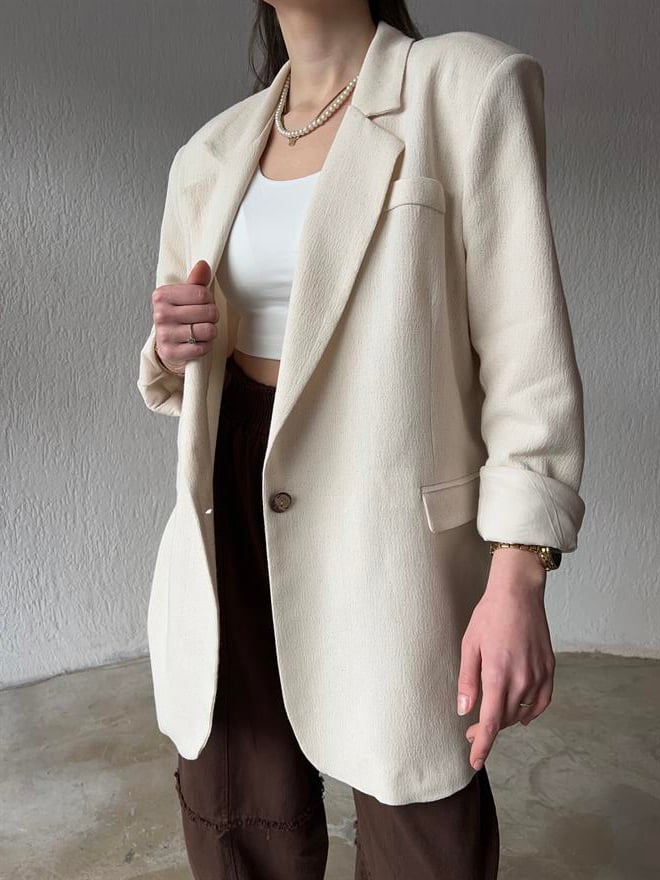 Premium Oversize Keten Ceket - Bej - Dominatrend
