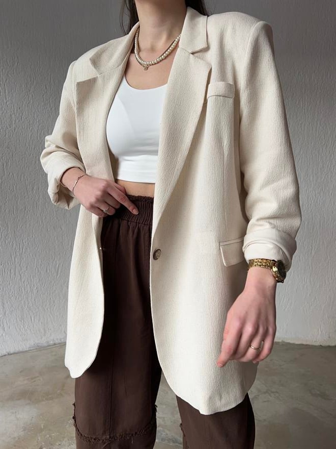 Premium Oversize Keten Ceket - Bej - Dominatrend