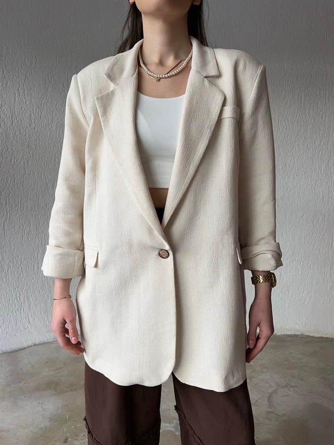 Premium Oversize Keten Ceket - Bej - Dominatrend