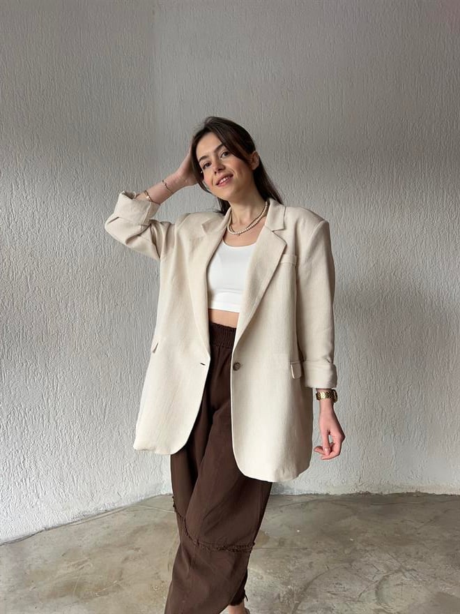 Premium Oversize Keten Ceket - Bej - Dominatrend