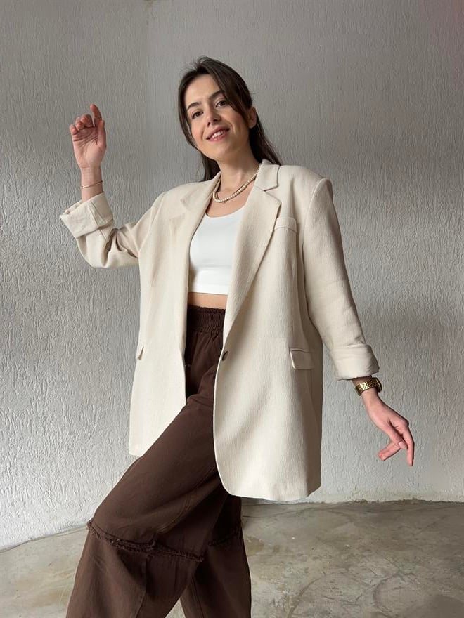 Premium Oversize Keten Ceket - Bej - Dominatrend