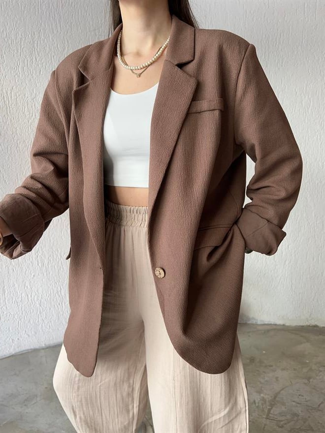 Premium Oversize Keten Ceket - Kahverengi  - Dominatrend
