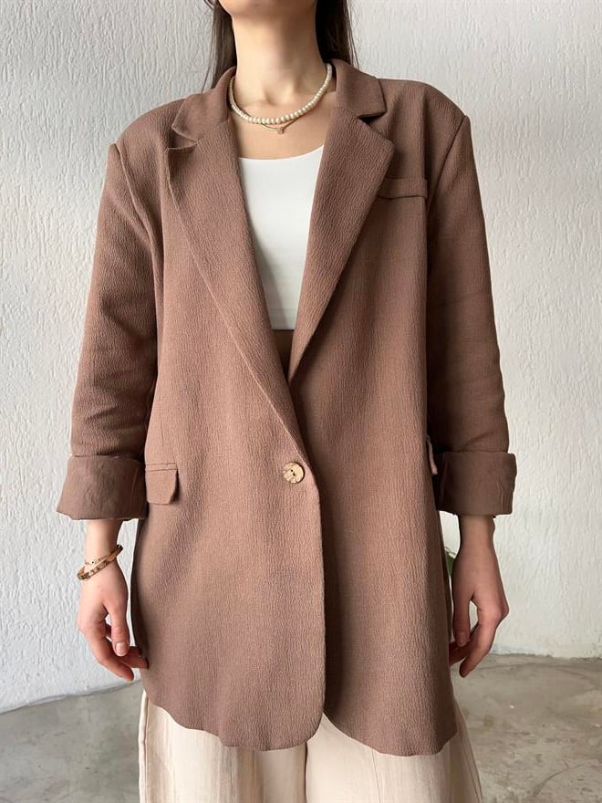 Premium Oversize Keten Ceket - Kahverengi  - Dominatrend