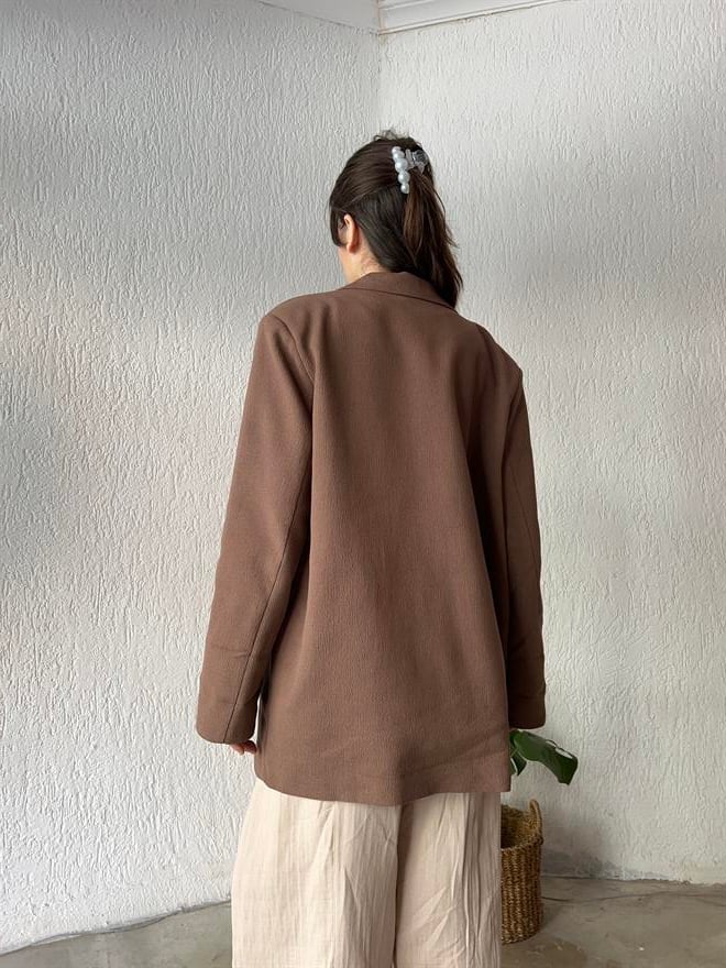 Premium Oversize Keten Ceket - Kahverengi  - Dominatrend