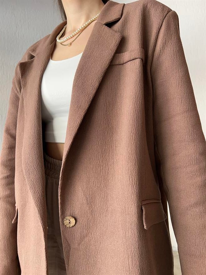 Premium Oversize Keten Ceket - Kahverengi  - Dominatrend