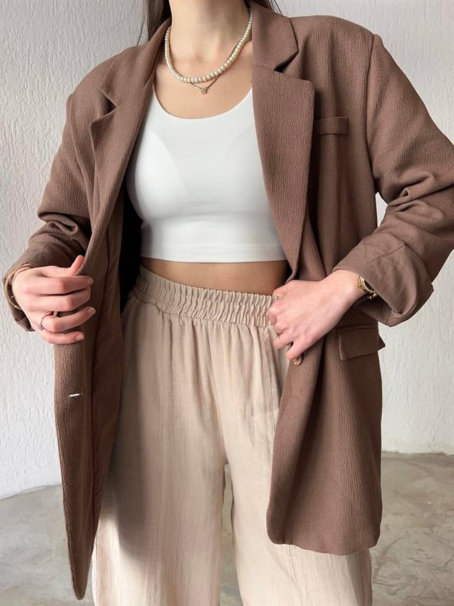 Premium Oversize Keten Ceket - Kahverengi  - Dominatrend