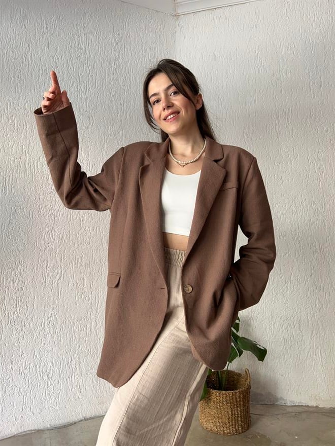 Premium Oversize Keten Ceket - Kahverengi  - Dominatrend