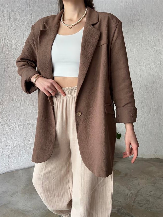 Premium Oversize Keten Ceket - Kahverengi  - Dominatrend