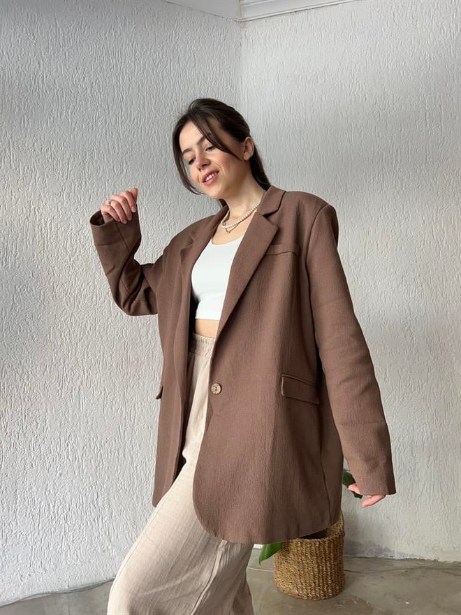 Premium Oversize Keten Ceket - Kahverengi  - Dominatrend