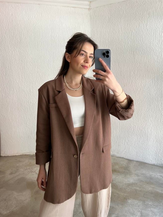 Premium Oversize Keten Ceket - Kahverengi  - Dominatrend