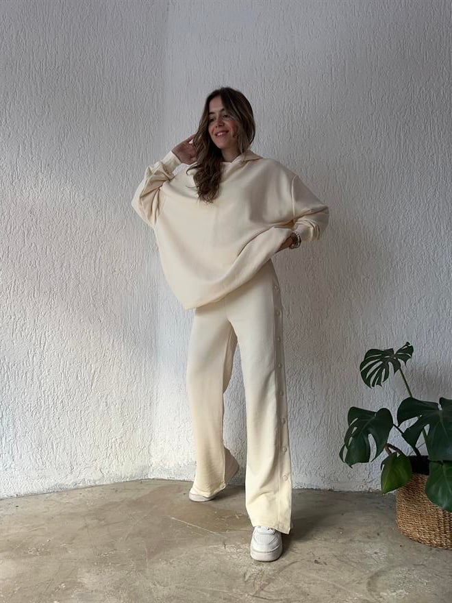 Premium Salaş Pantolon Çıtçıtloı Eşofman Takımı - Bej - Dominatrend