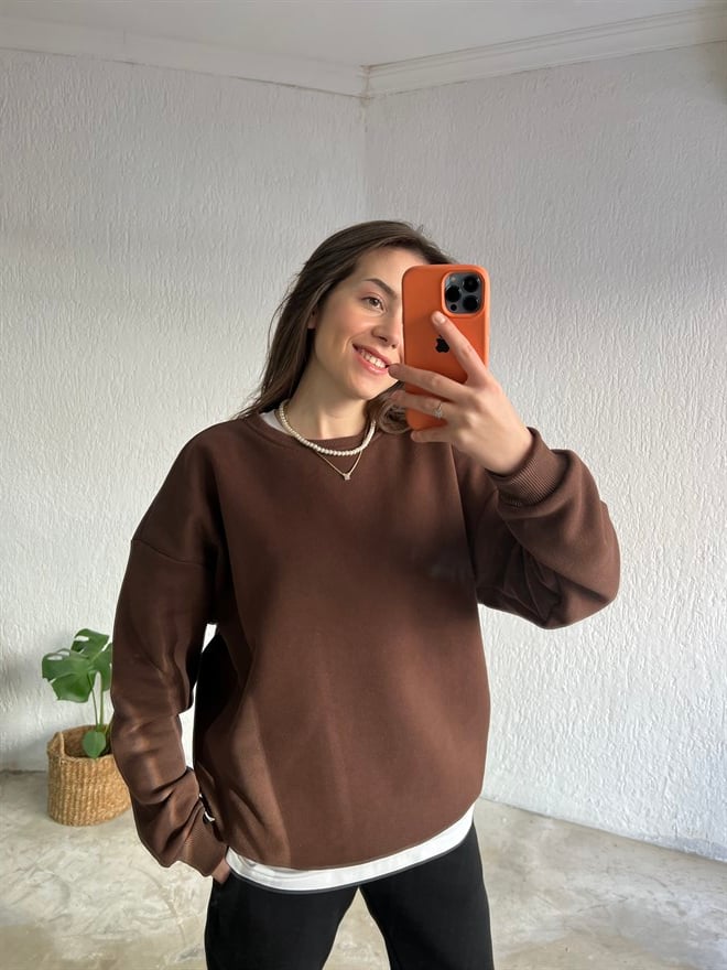 Premium Şardonlu Sweatshirt Kahverengi - Dominatrend
