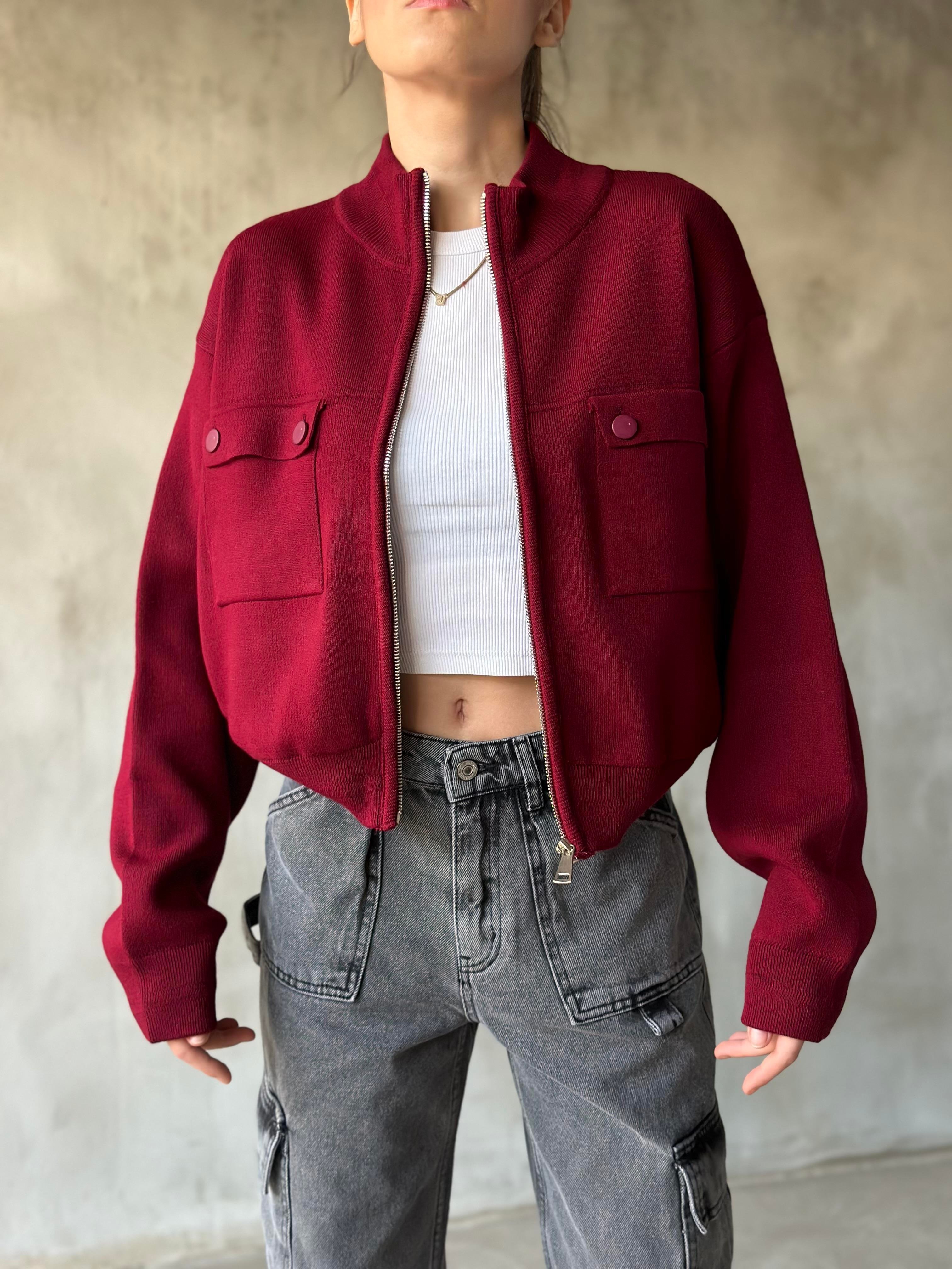 Premium Triko Bomber Ceket - Bordo - Dominatrend
