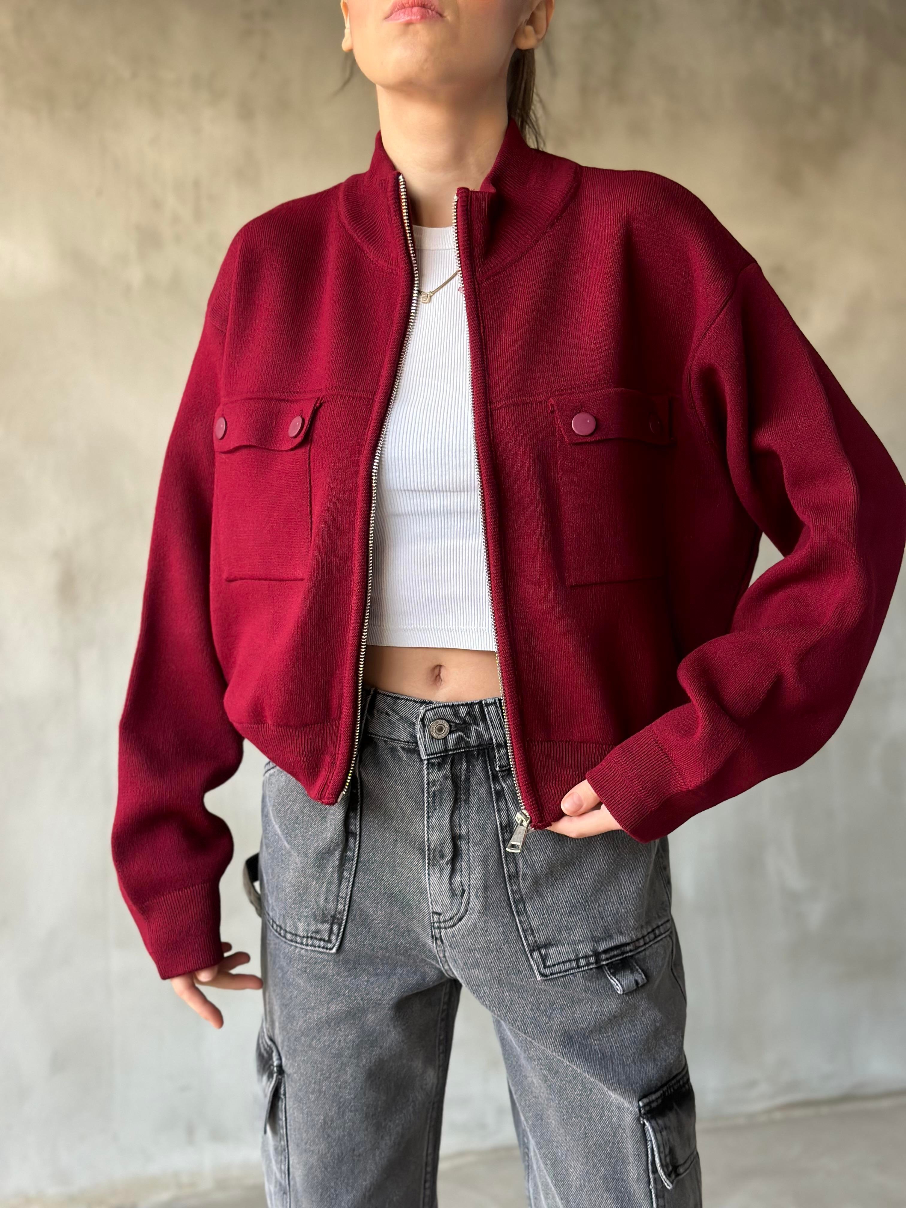 Premium Triko Bomber Ceket - Bordo - Dominatrend