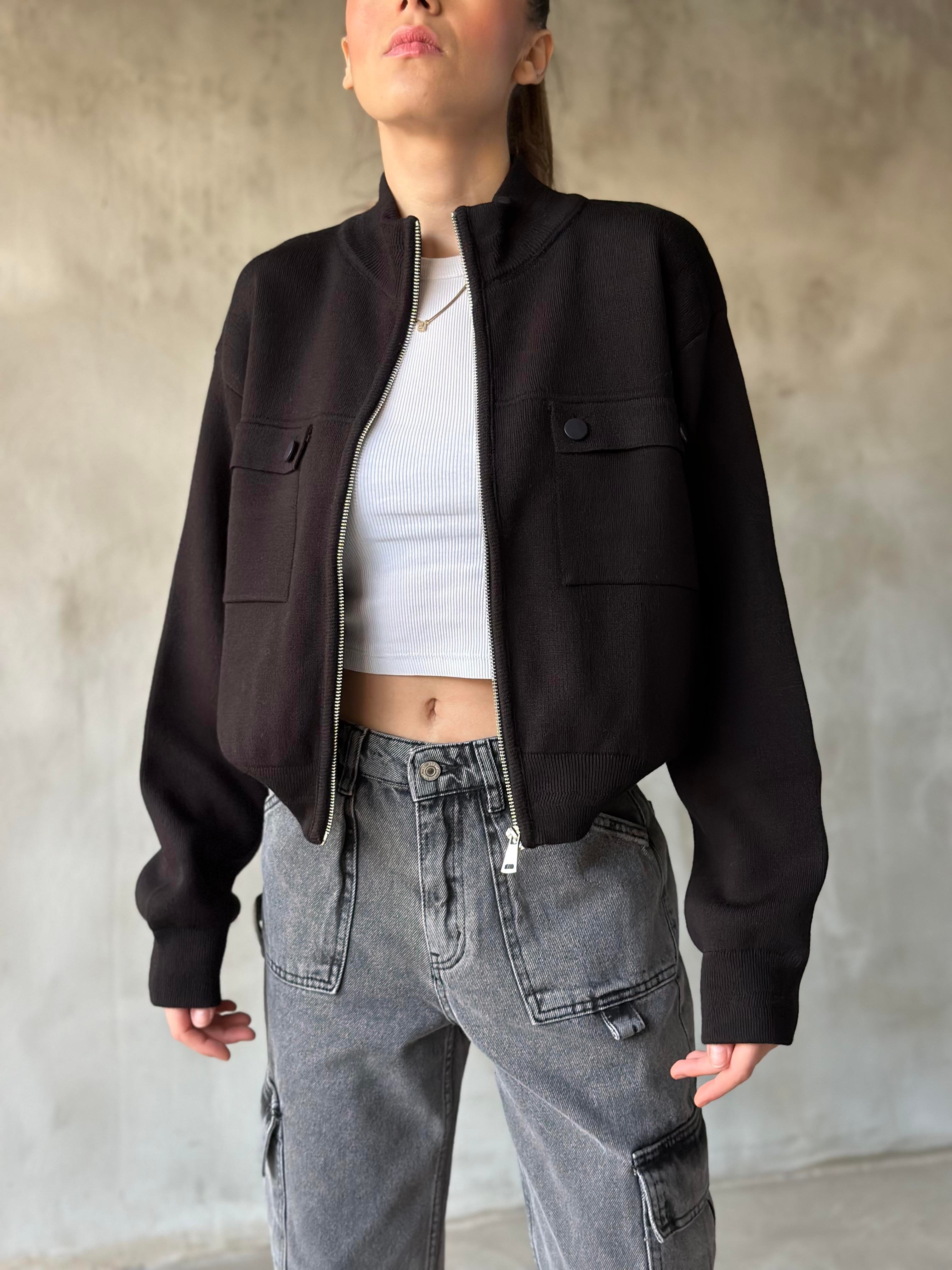 Premium Triko Bomber Ceket - Siyah - Dominatrend