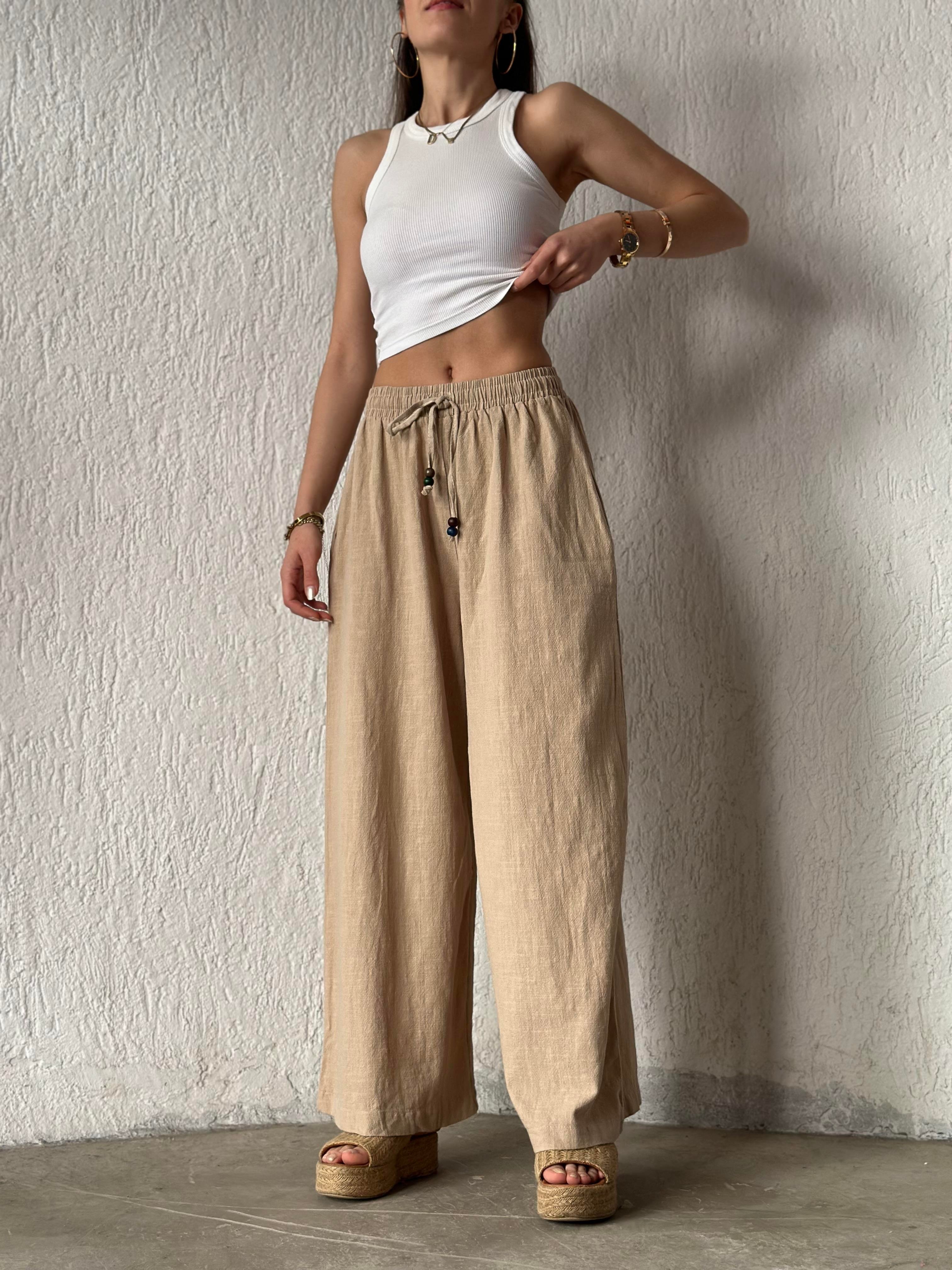 Ruby Keten Salaş Pantolon - Bej - Dominatrend