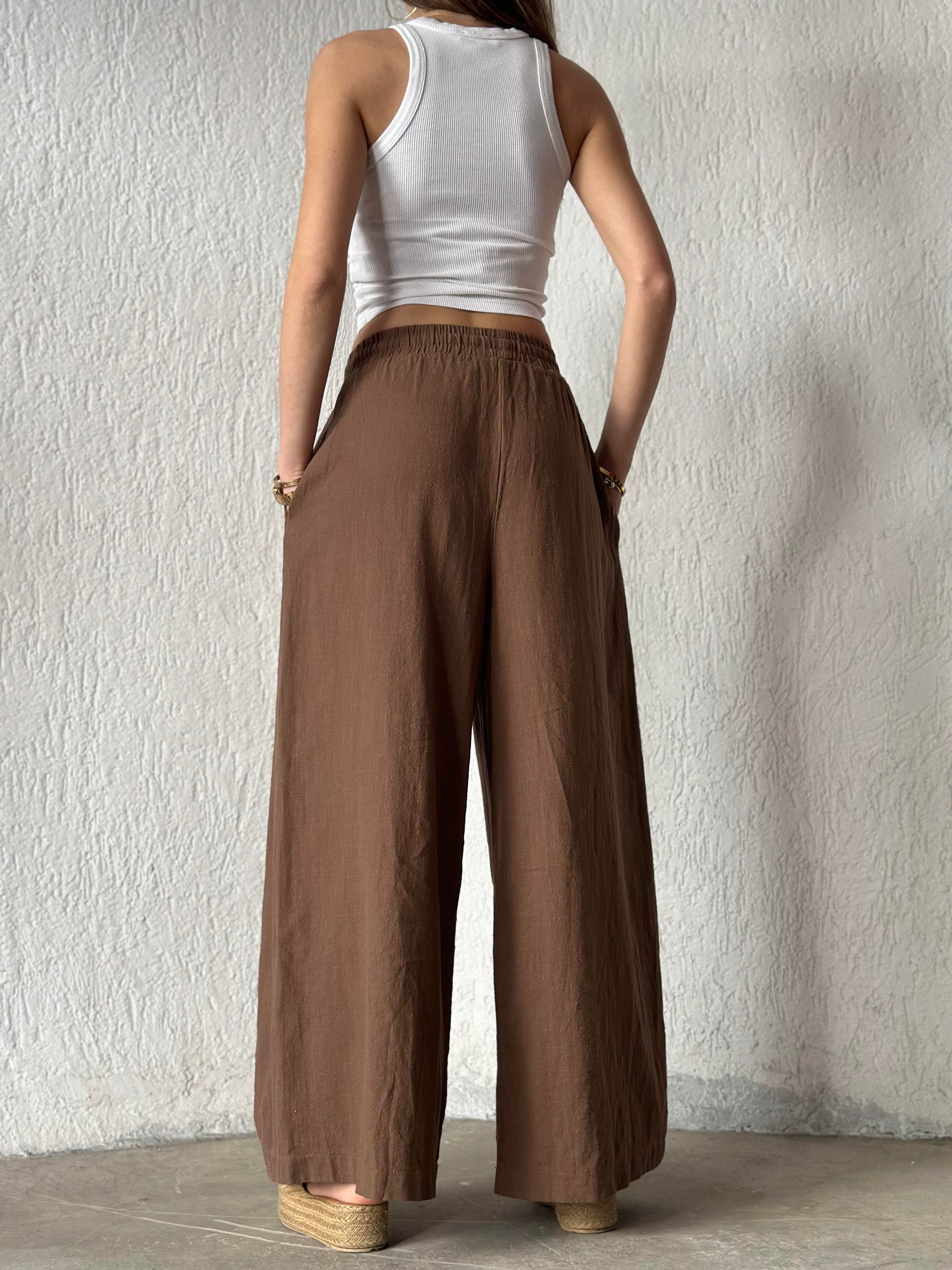Ruby Keten Salaş Pantolon - Kahverengi - Dominatrend