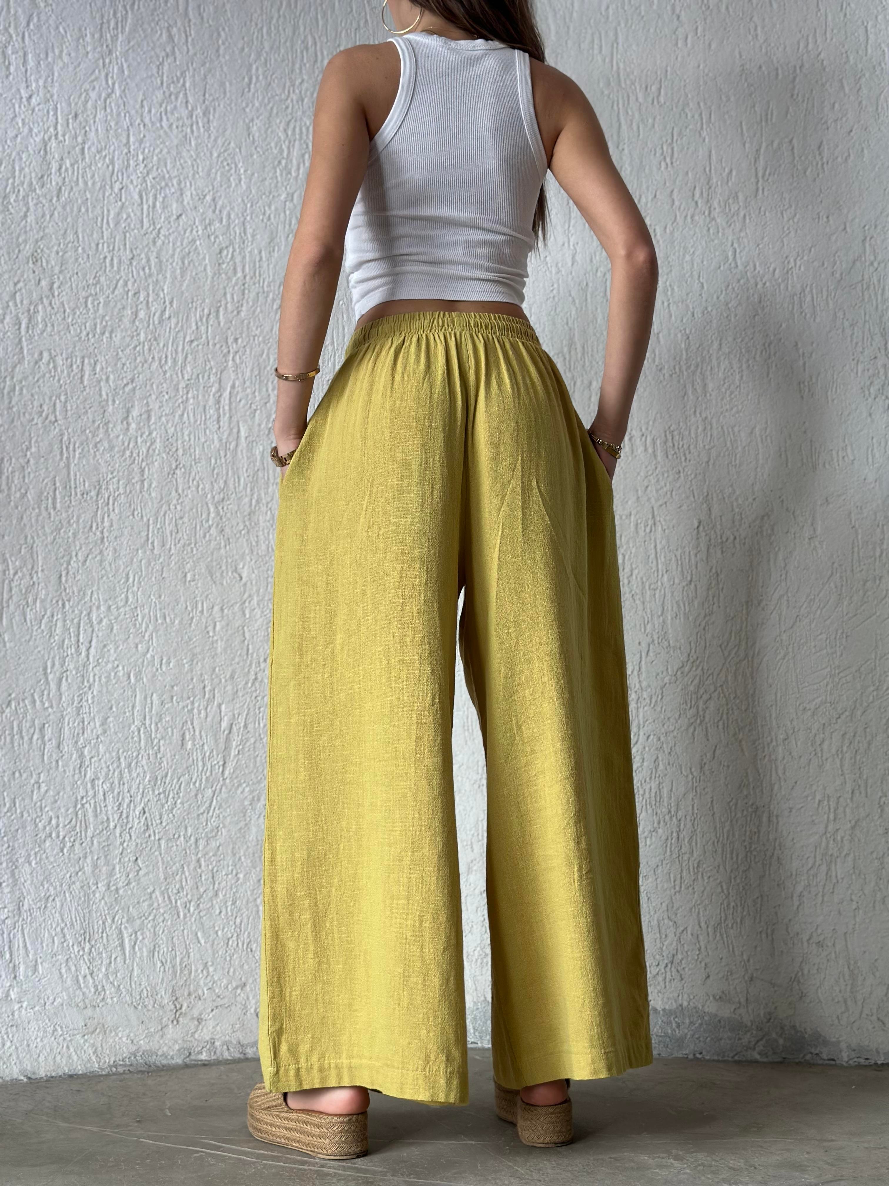 Ruby Keten Salaş Pantolon - Yağ Yeşili - Dominatrend