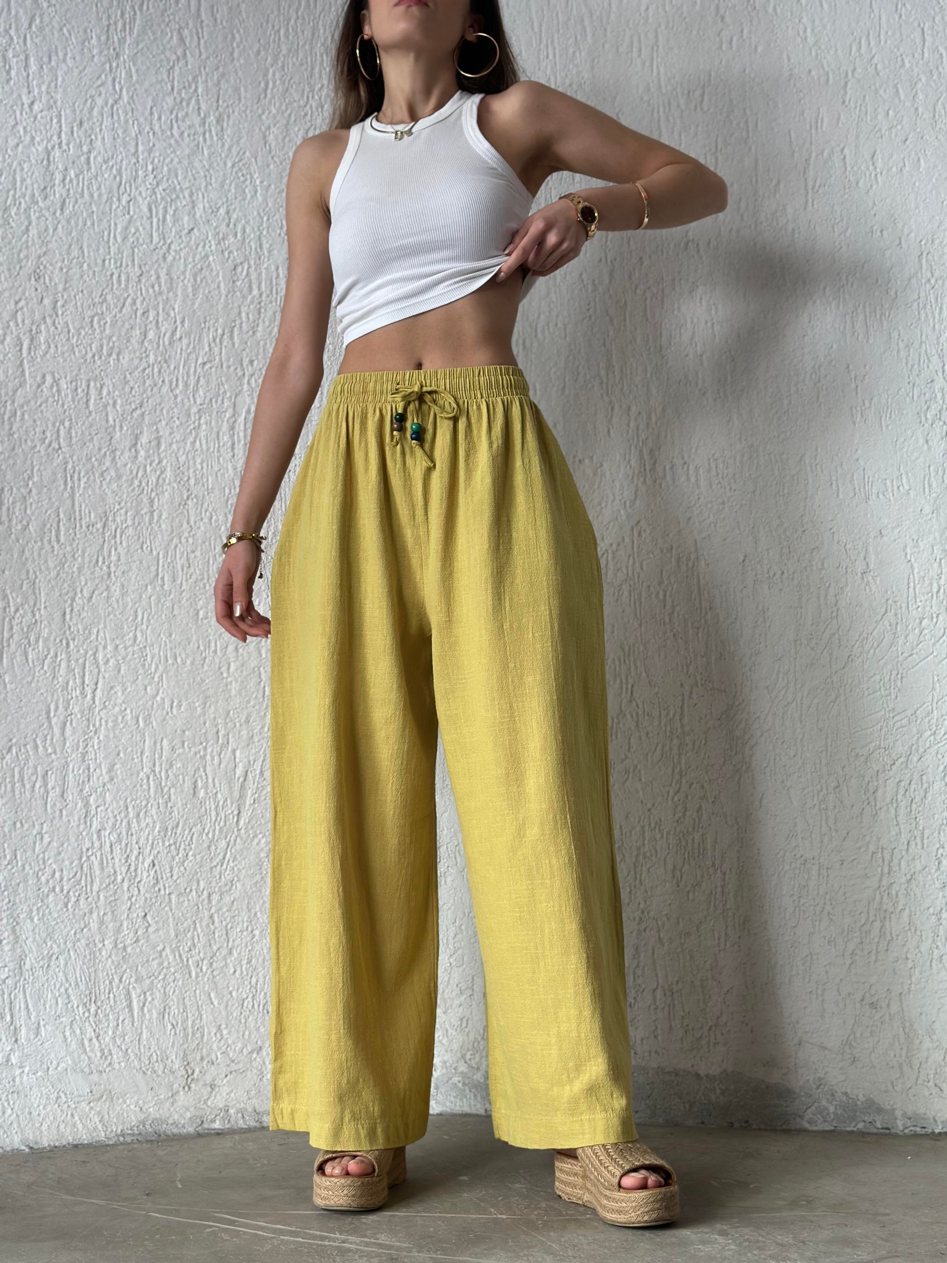 Ruby Keten Salaş Pantolon - Yağ Yeşili - Dominatrend
