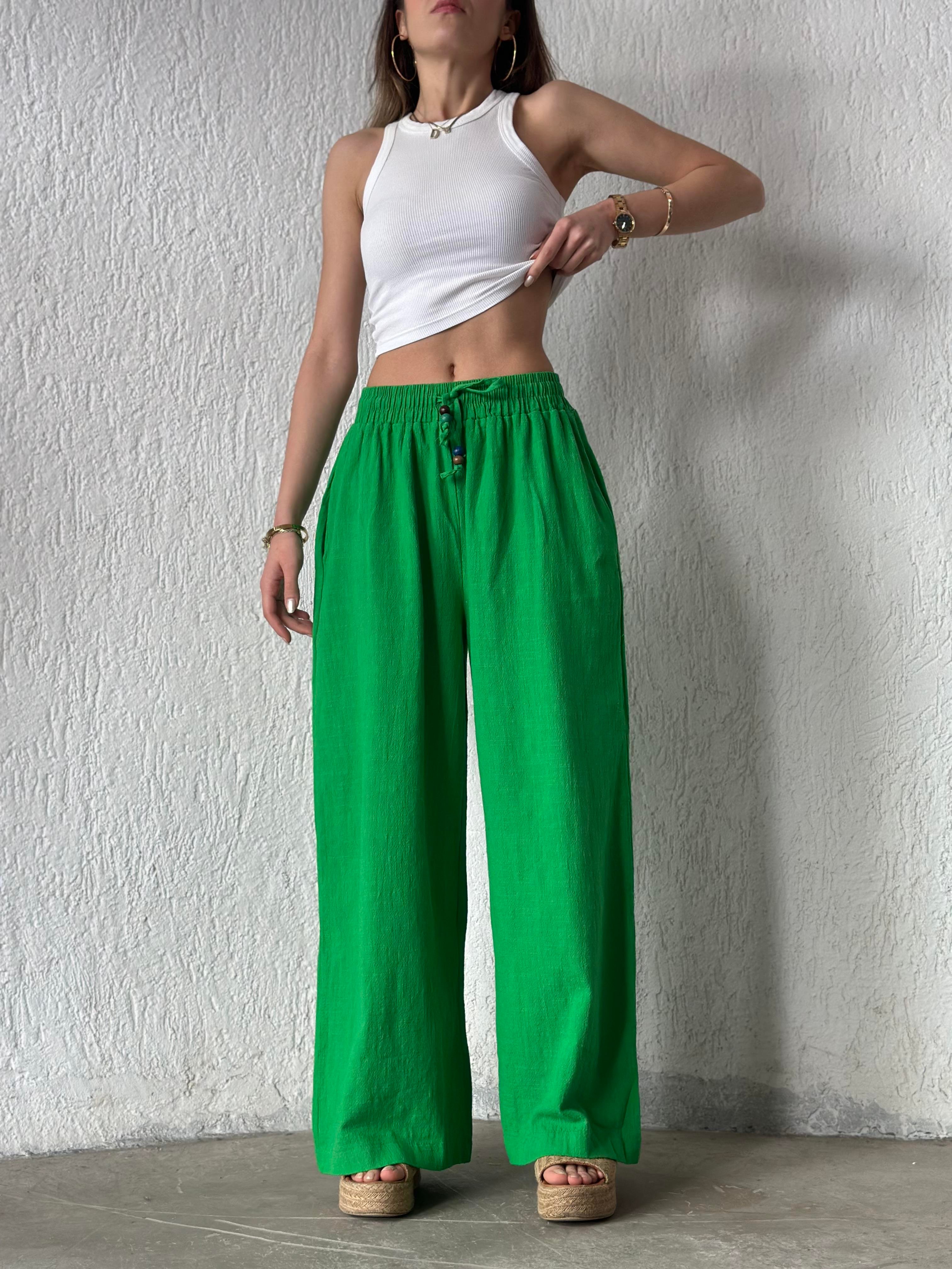 Ruby Keten Salaş Pantolon - Yeşil - Dominatrend