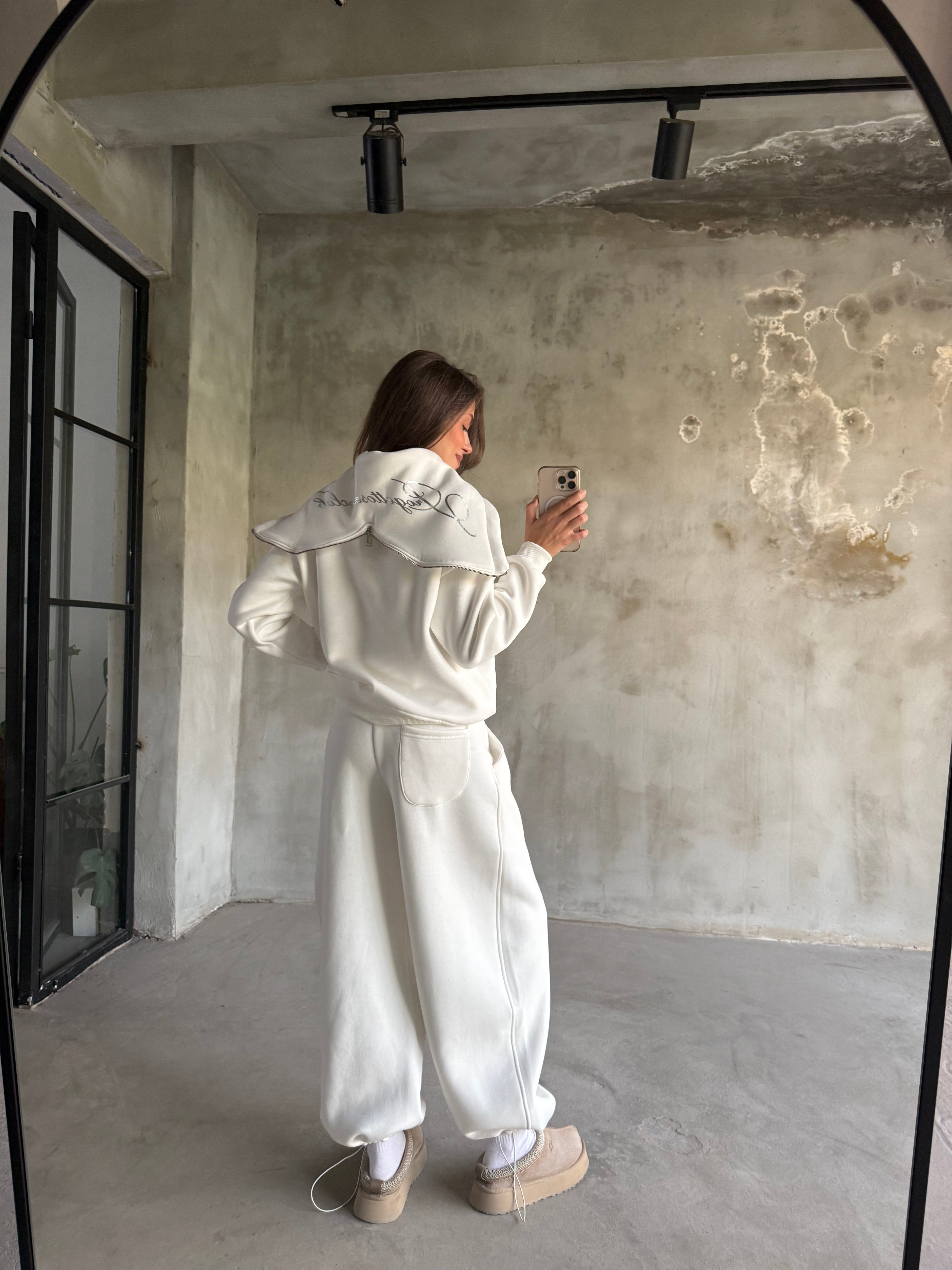 Şal Yaka Fermuarlı Oversize Stoperli Takım - Beyaz - Dominatrend