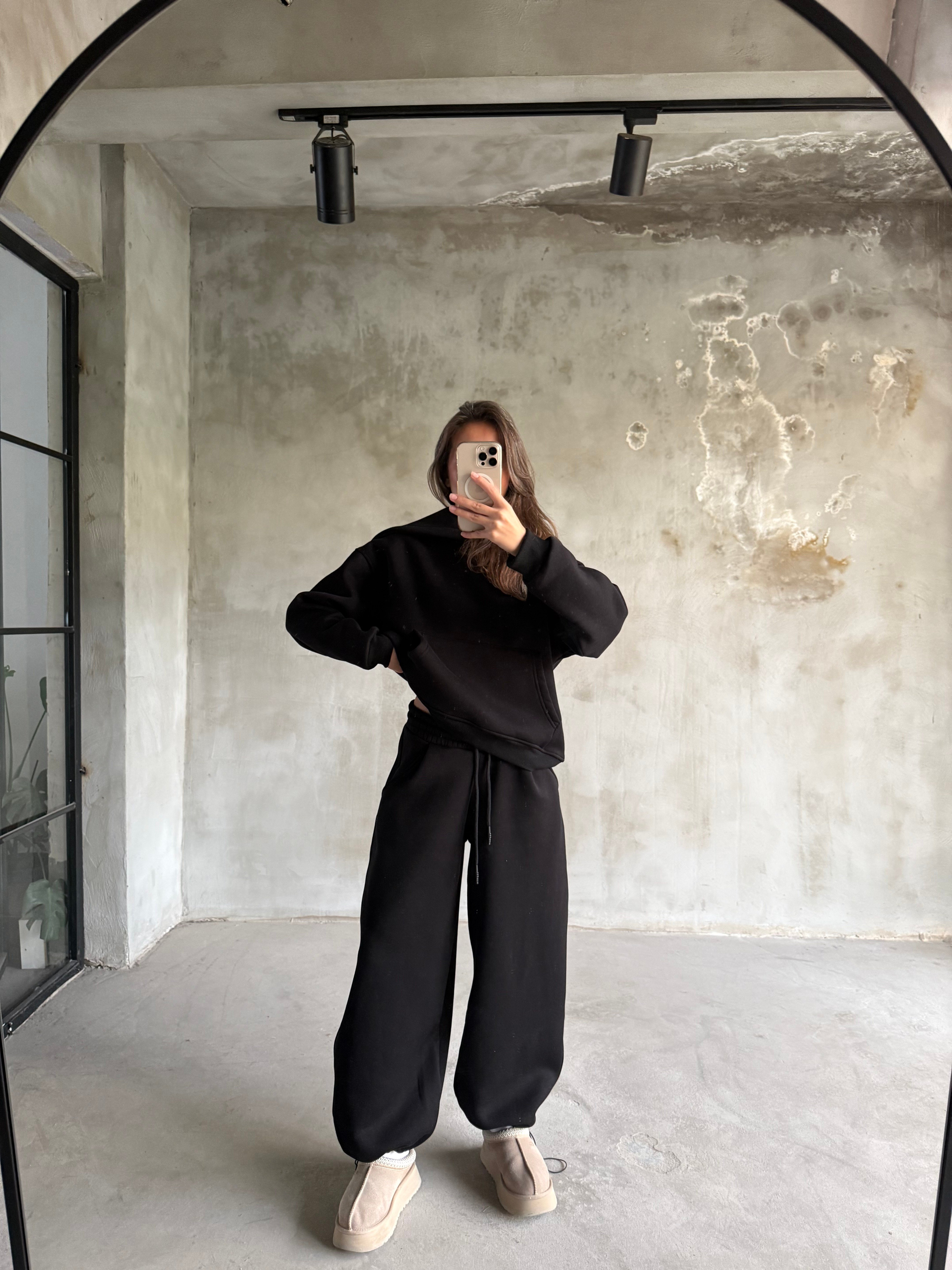 Şal Yaka Fermuarlı Oversize Stoperli Takım - Siyah - Dominatrend