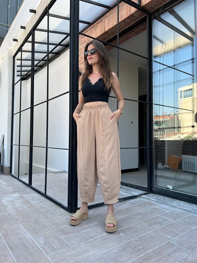 Şalvar Ayrobin Keten Pantolon - Bej - Dominatrend