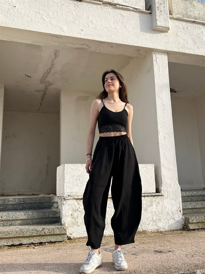 Şalvar Ayrobin Keten Pantolon - Siyah - Dominatrend