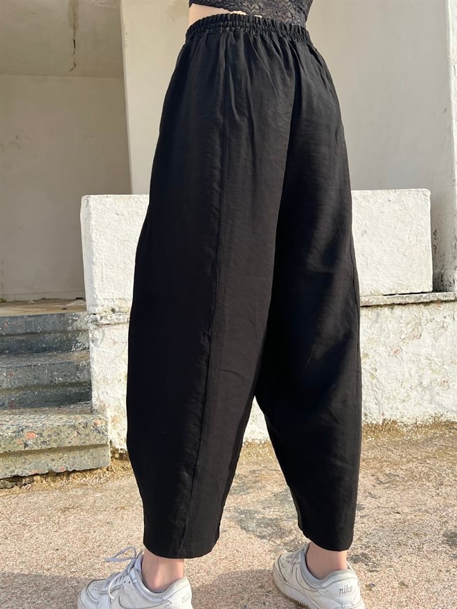 Şalvar Ayrobin Keten Pantolon - Siyah - Dominatrend