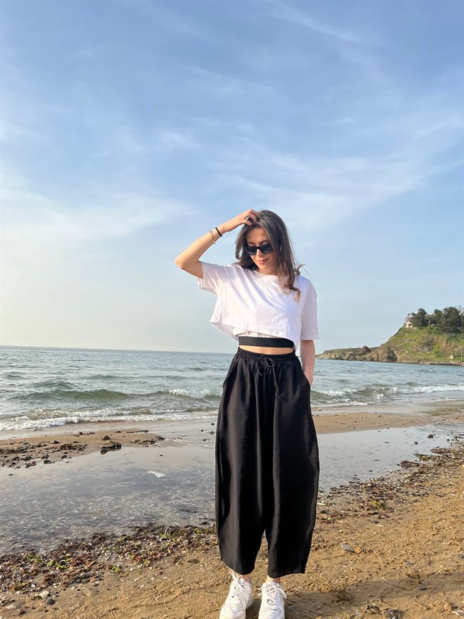 Şalvar Ayrobin Keten Pantolon - Siyah - Dominatrend