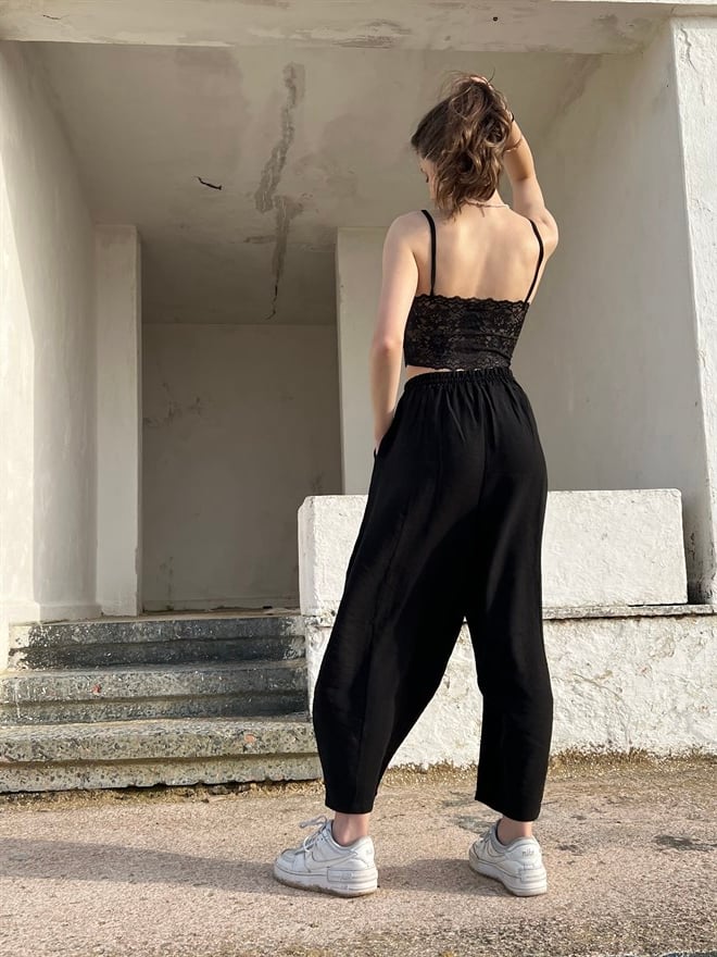 Şalvar Ayrobin Keten Pantolon - Siyah - Dominatrend
