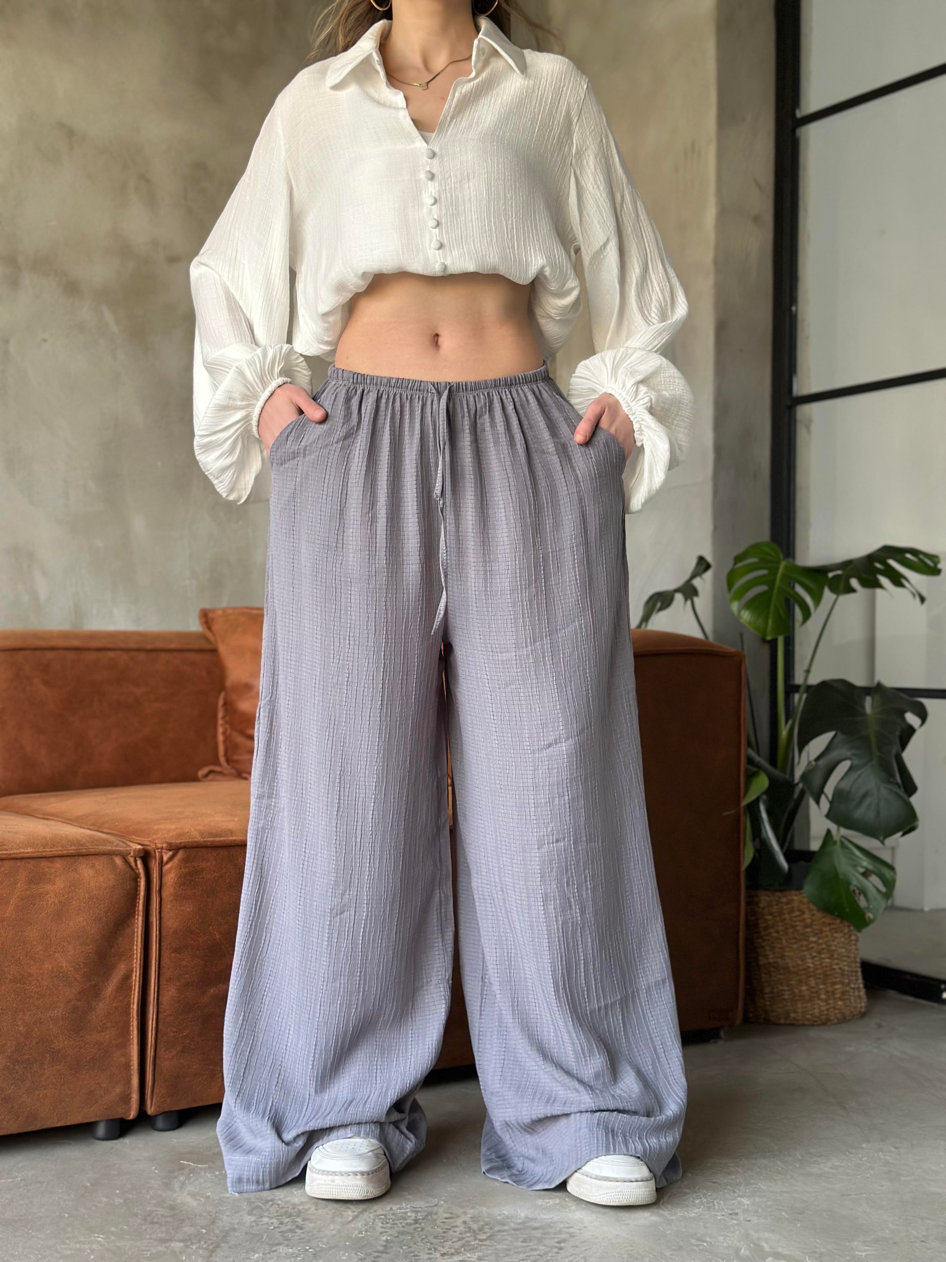 Sandy Gofre Salaş Pantolon - Gri - Dominatrend