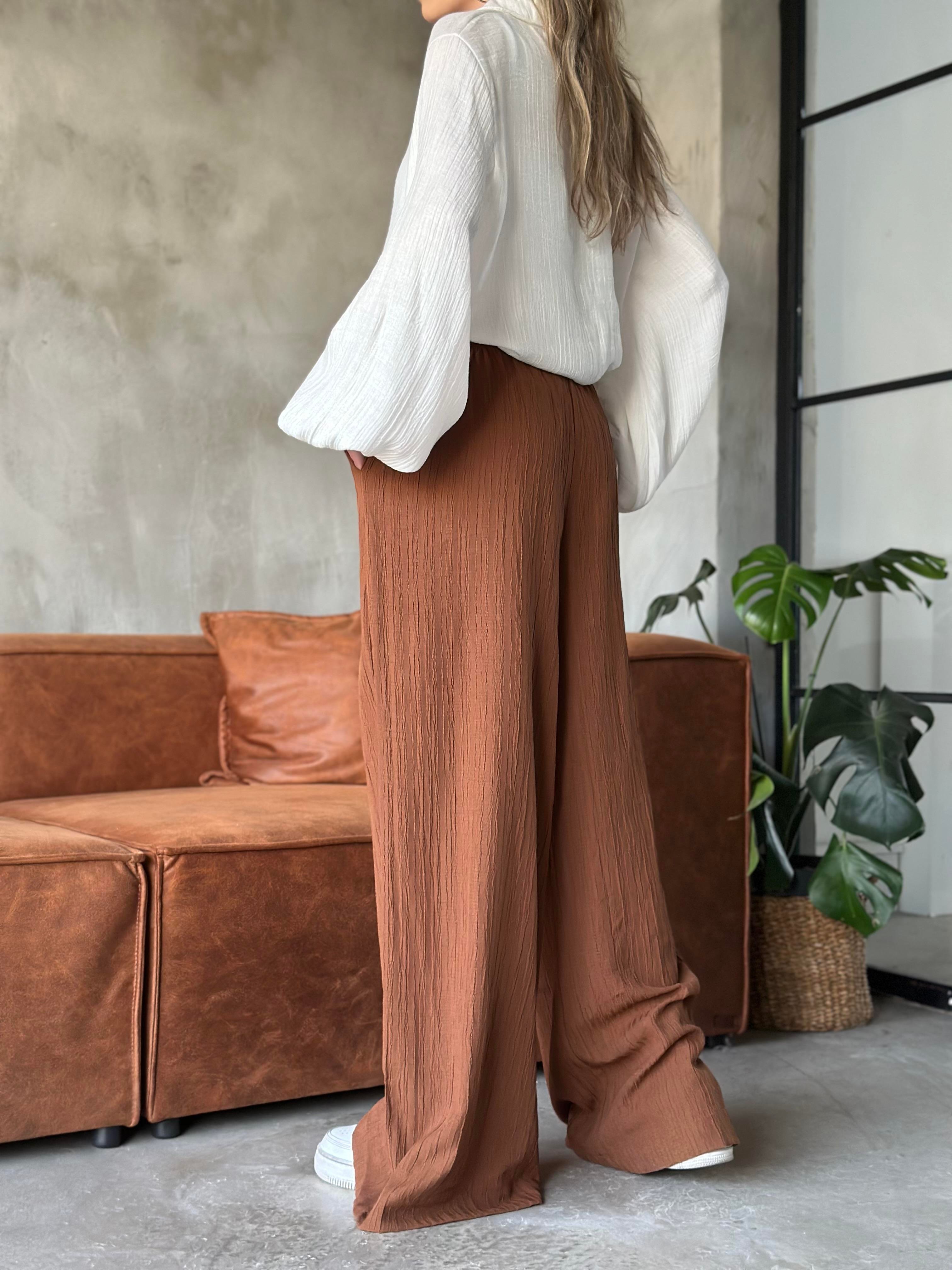 Sandy Gofre Salaş Pantolon - Kahverengi - Dominatrend