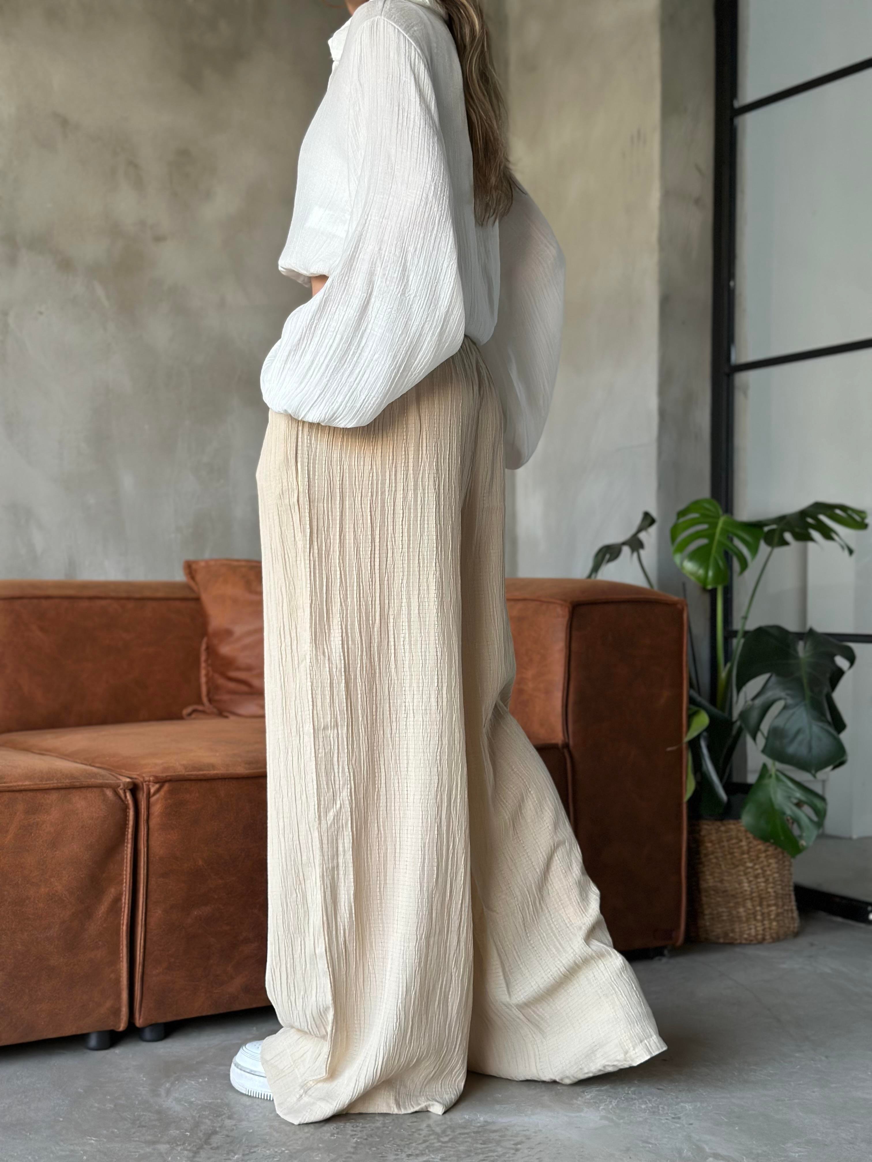 Sandy Gofre Salaş Pantolon - Krem - Dominatrend