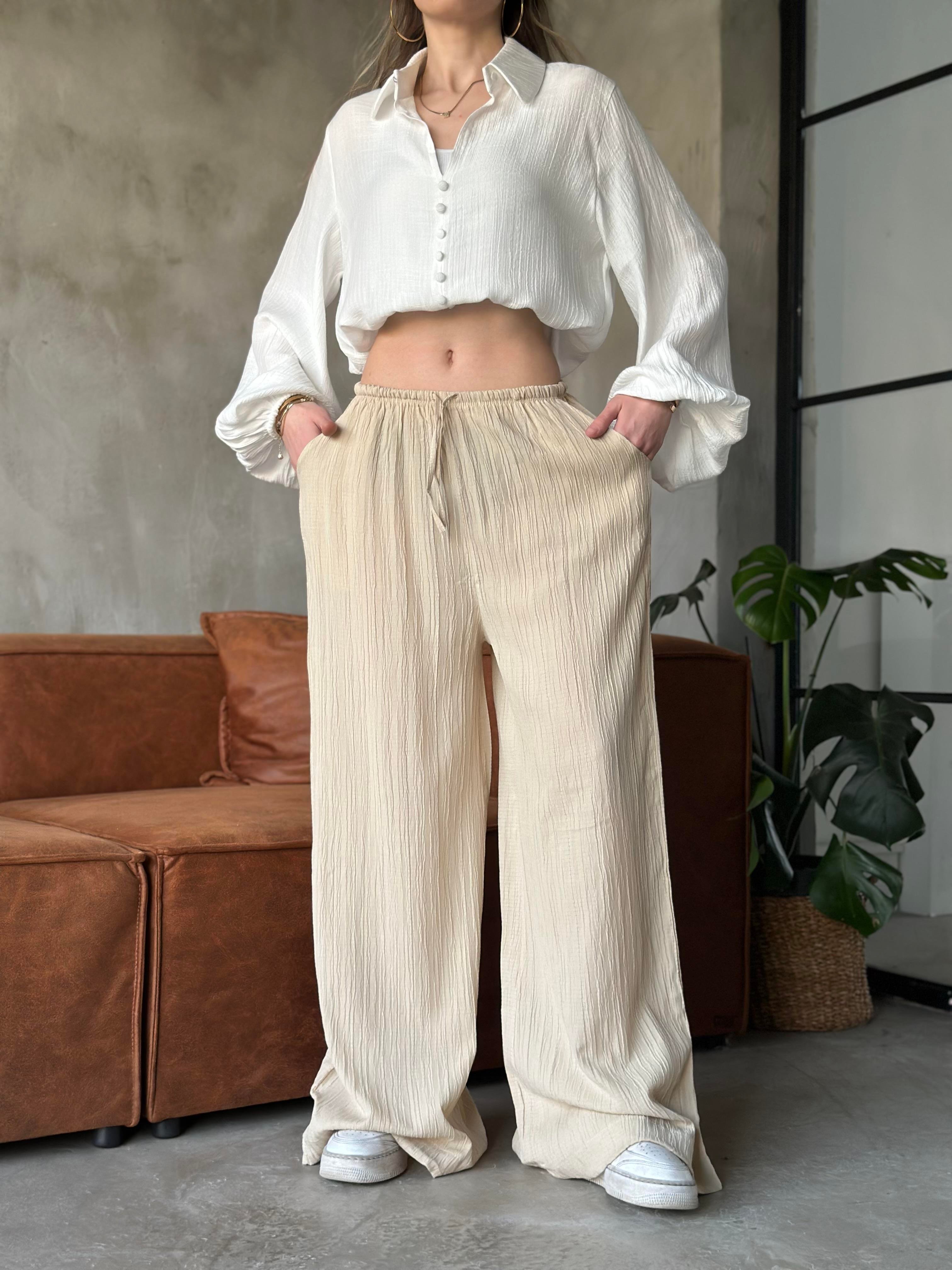 Sandy Gofre Salaş Pantolon - Krem - Dominatrend