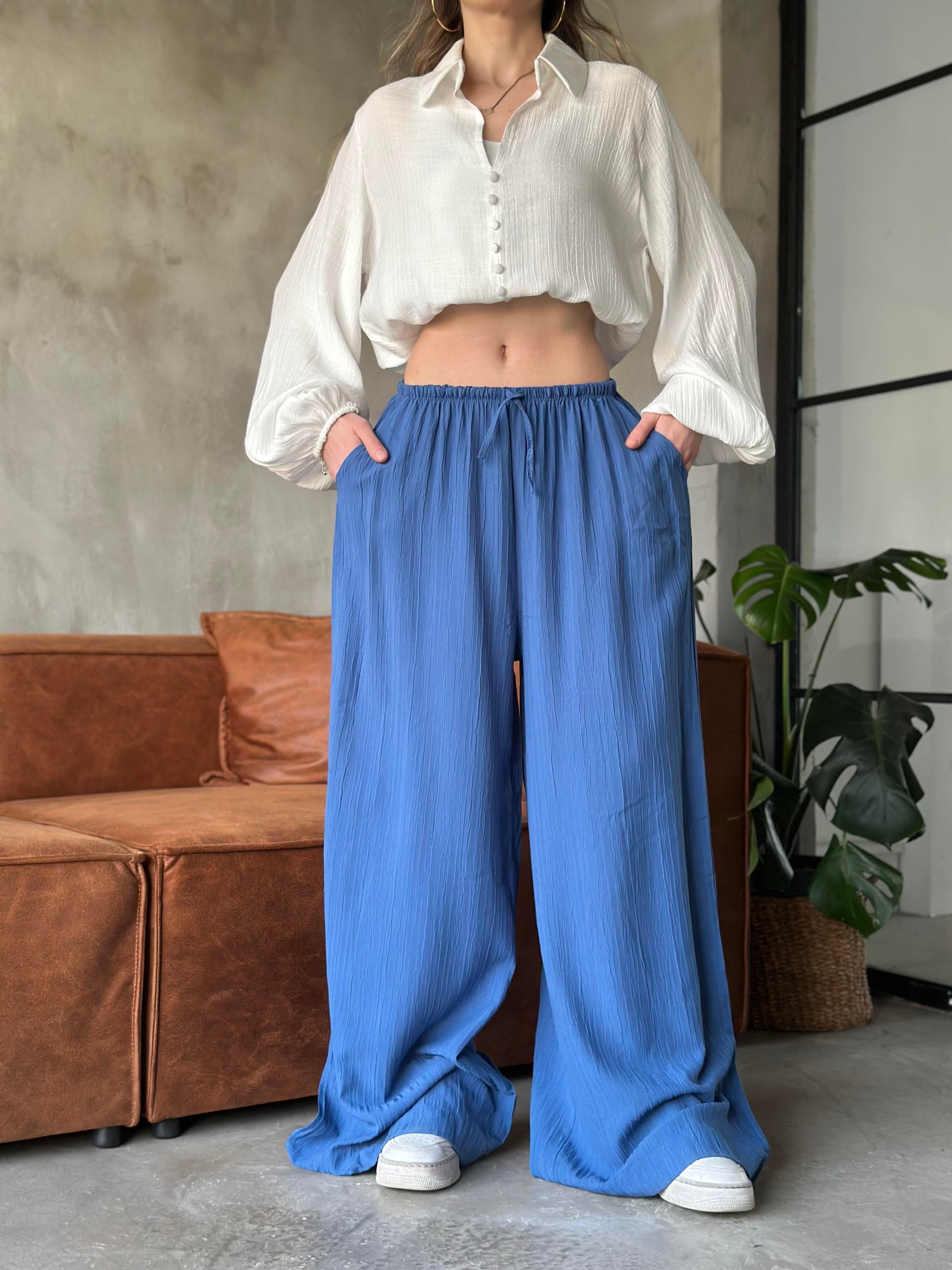 Sandy Gofre Salaş Pantolon - Saks - Dominatrend
