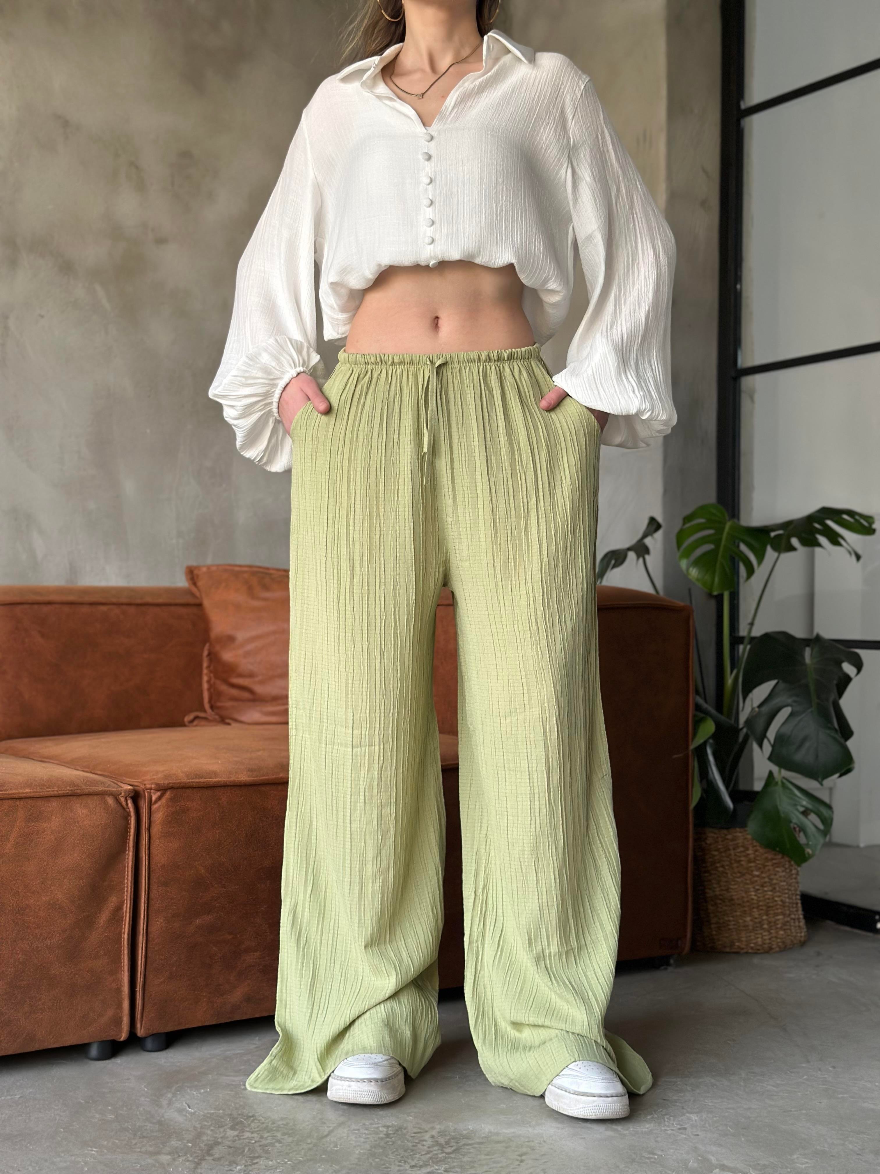 Sandy Gofre Salaş Pantolon - Yeşil - Dominatrend