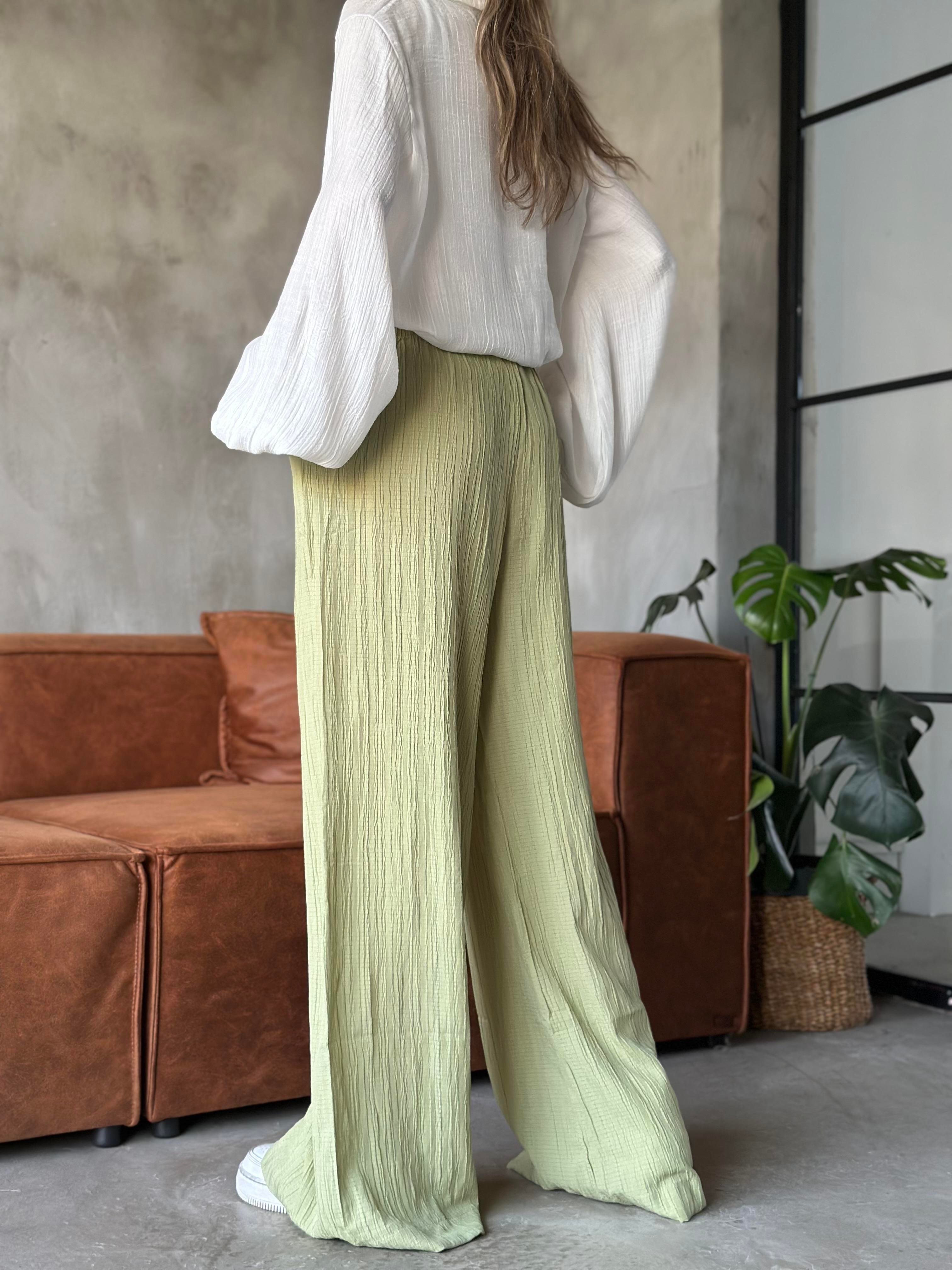 Sandy Gofre Salaş Pantolon - Yeşil - Dominatrend