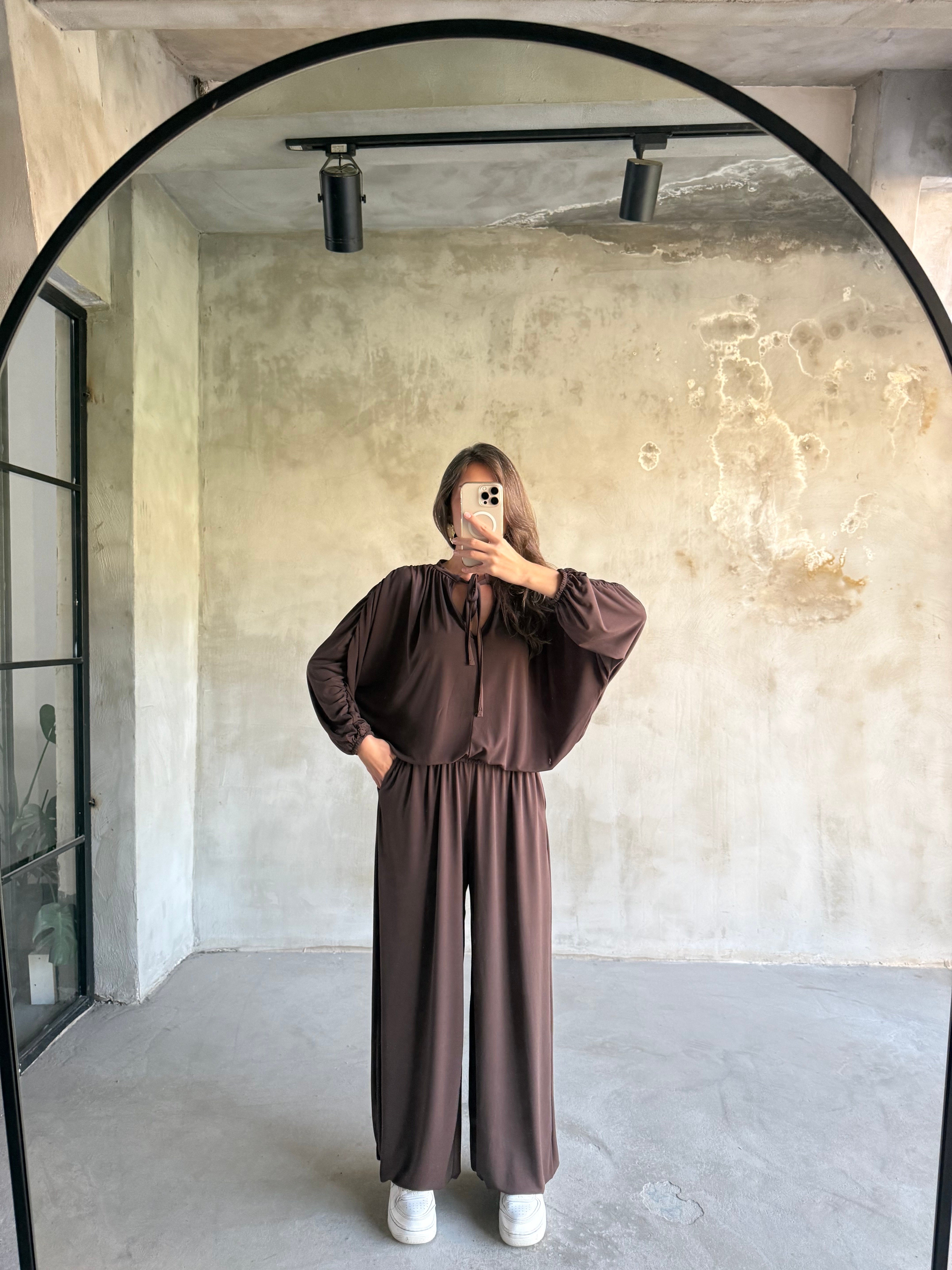 Sandy Şalvar Bluzlu Takım - Kahverengi - Dominatrend