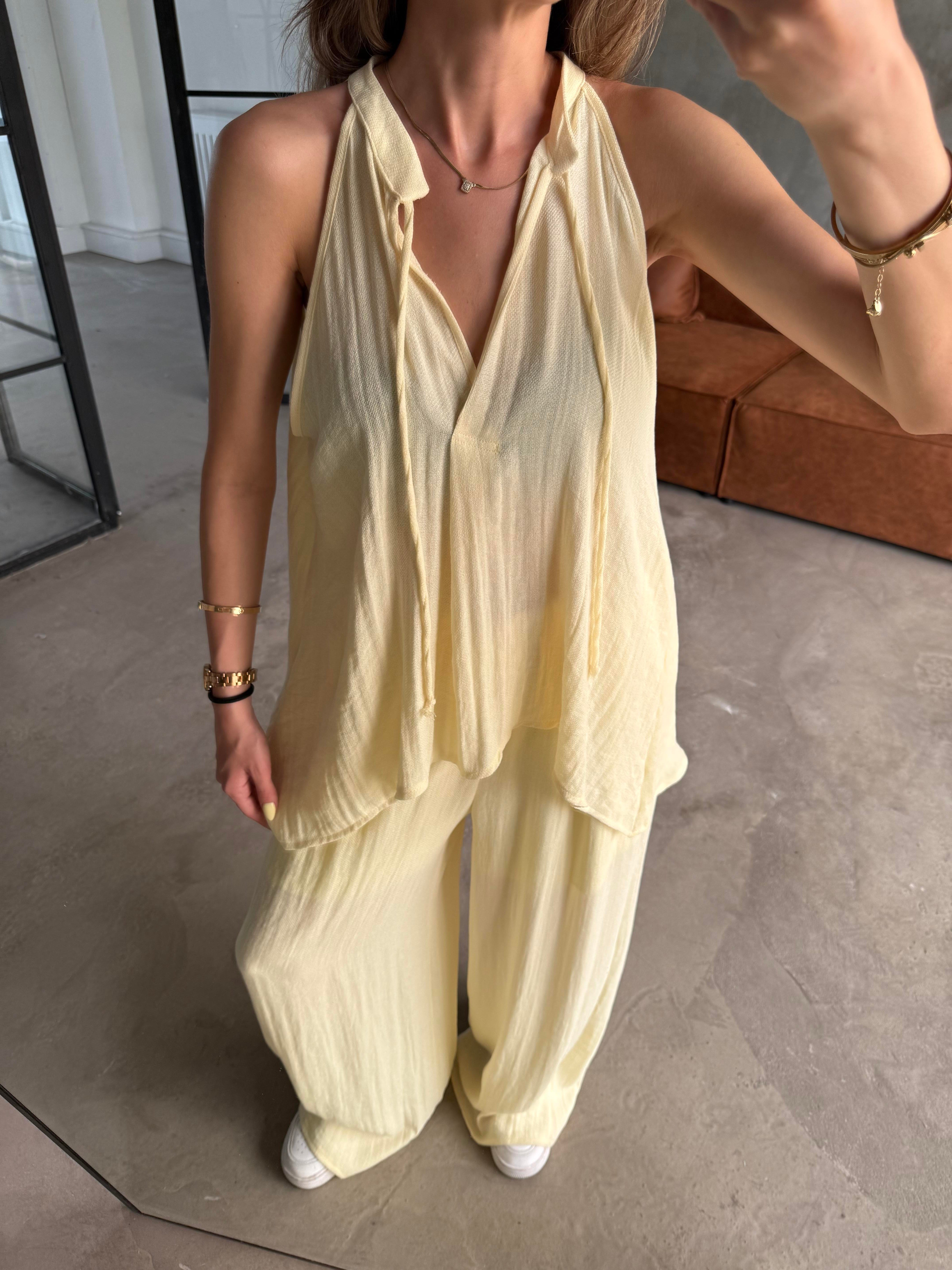 Sarı Premium Polly Bluzlu Takım  - Dominatrend