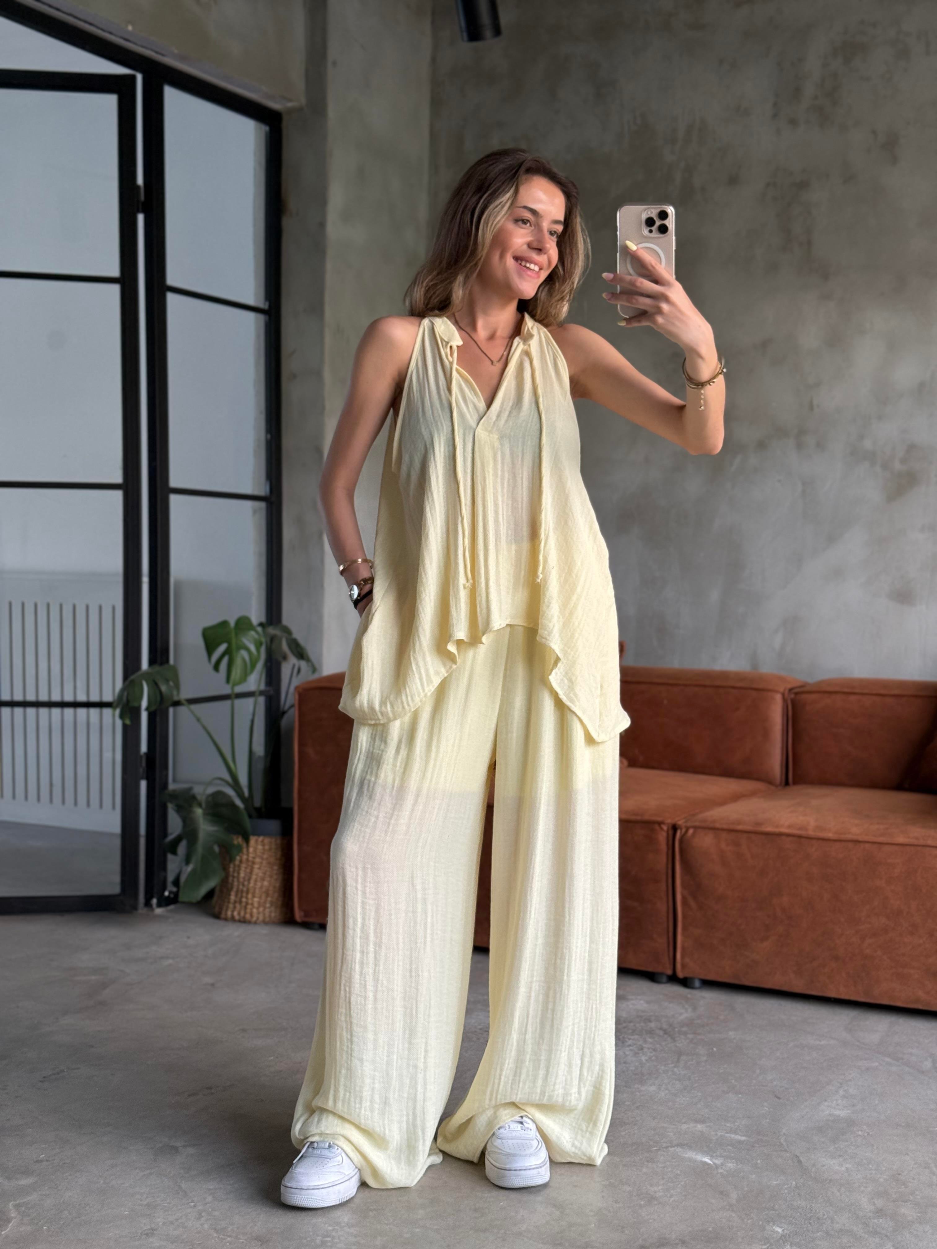 Sarı Premium Polly Bluzlu Takım  - Dominatrend