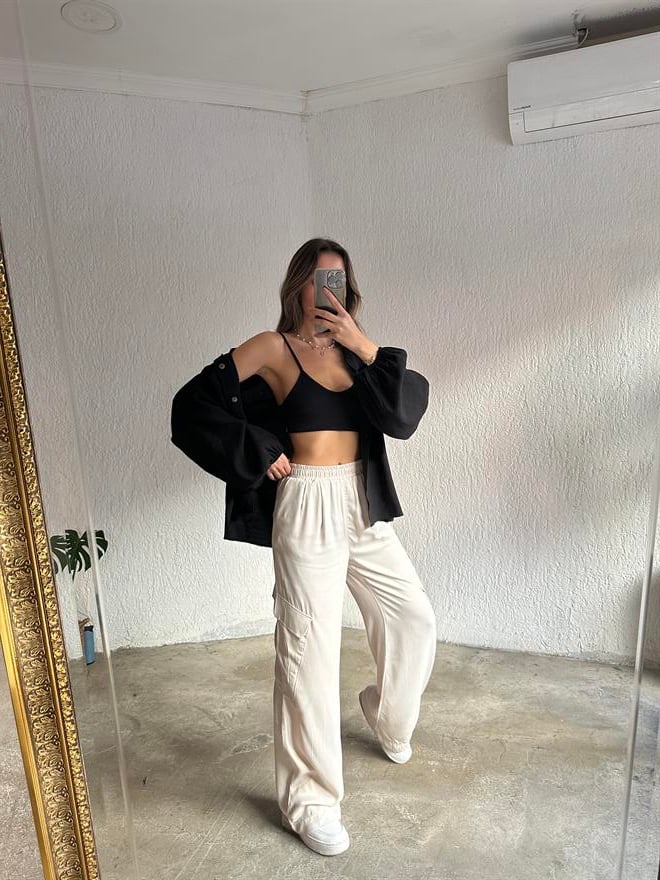 Saten Kargo Pantolon - Bej - Dominatrend