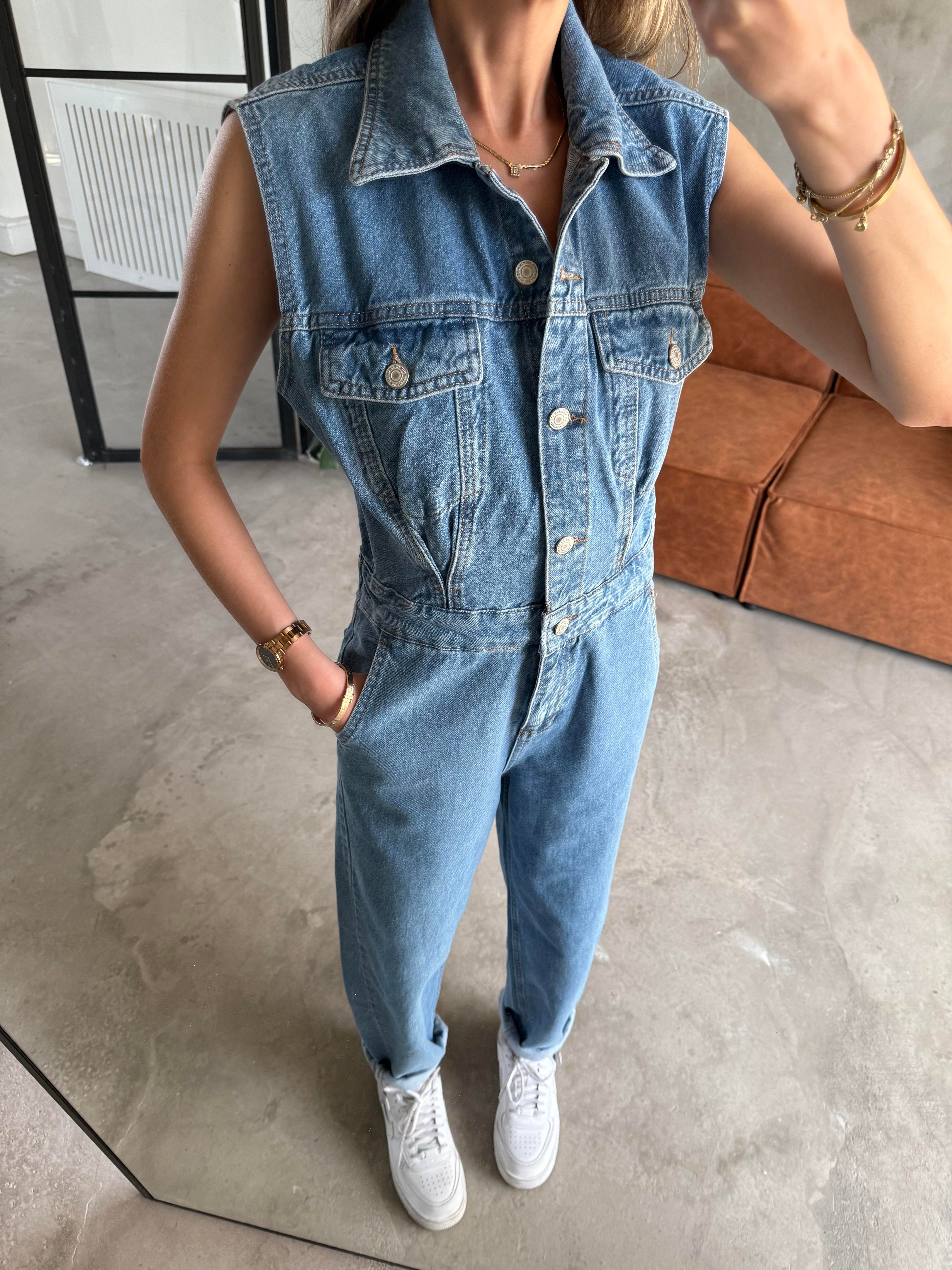 Sıfır Kol Denim Tulum - Dominatrend