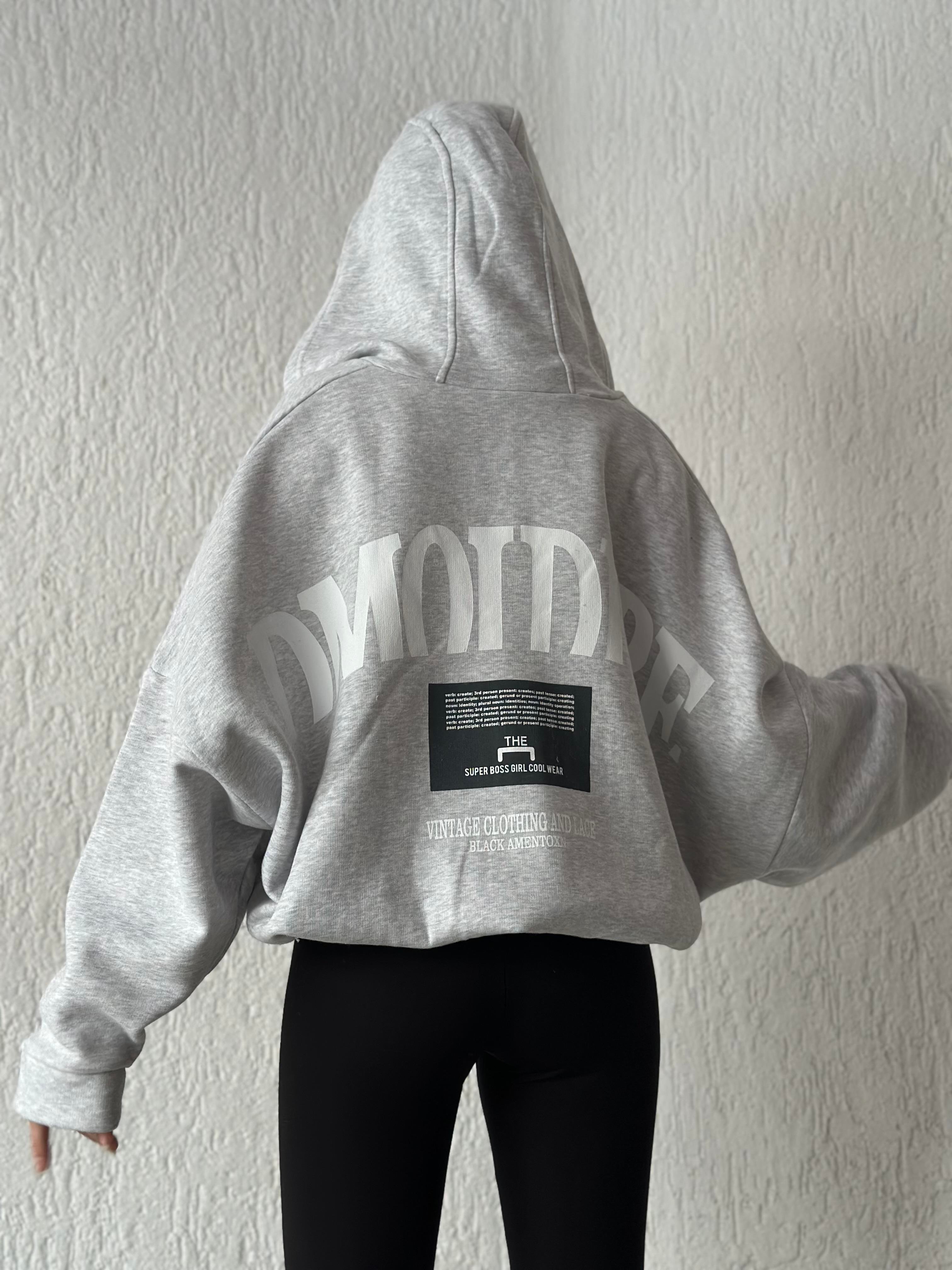 Sırt Baskılı Oversize Hırka - Gri - Dominatrend