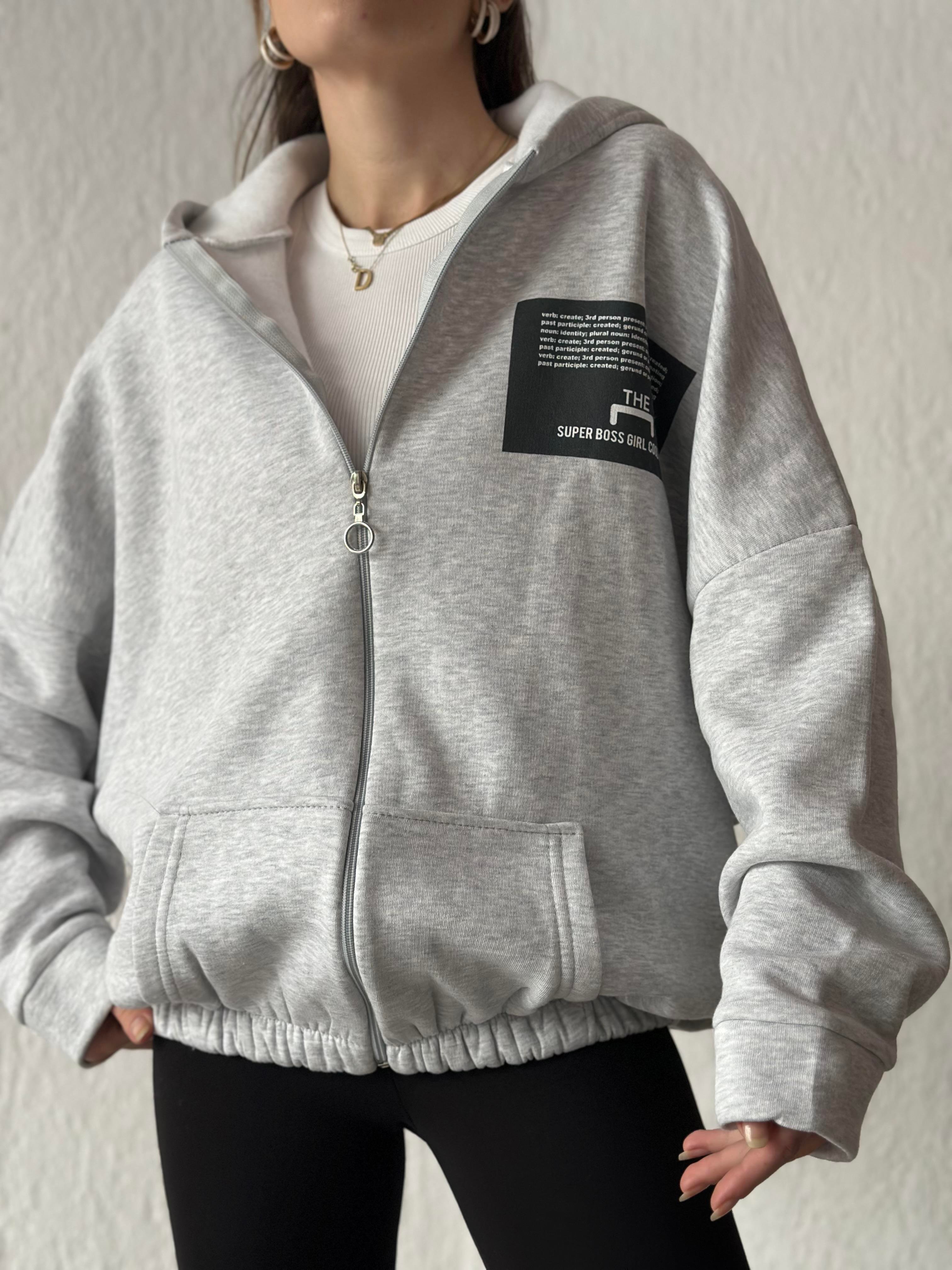 Sırt Baskılı Oversize Hırka - Gri - Dominatrend