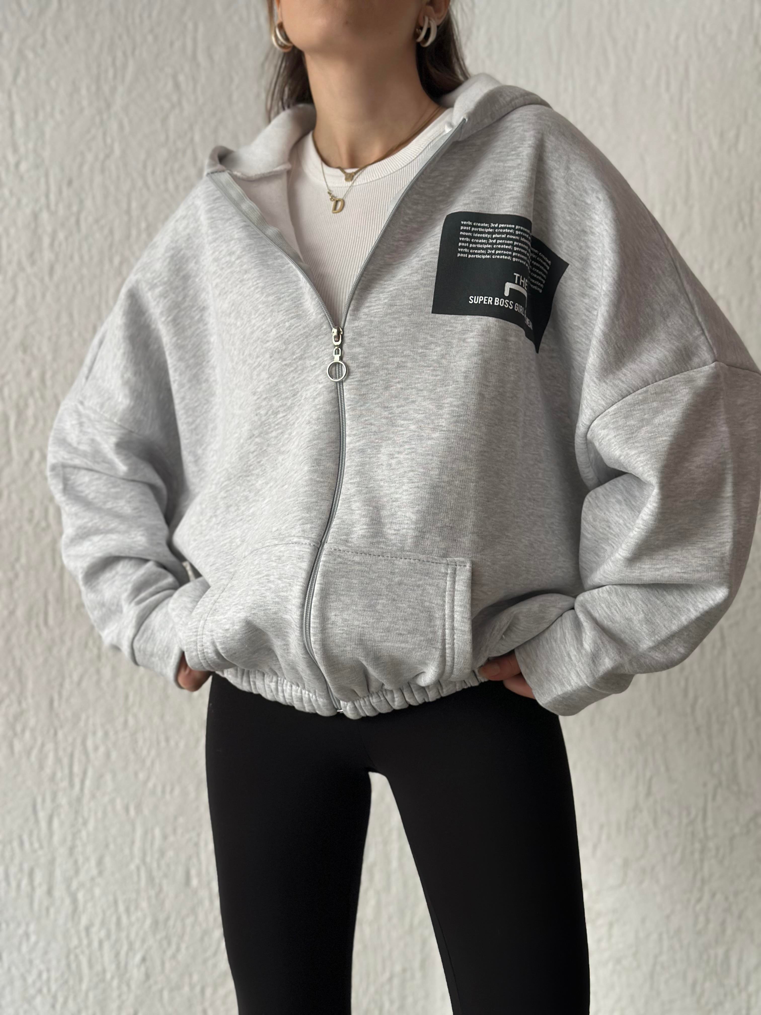 Sırt Baskılı Oversize Hırka - Gri - Dominatrend